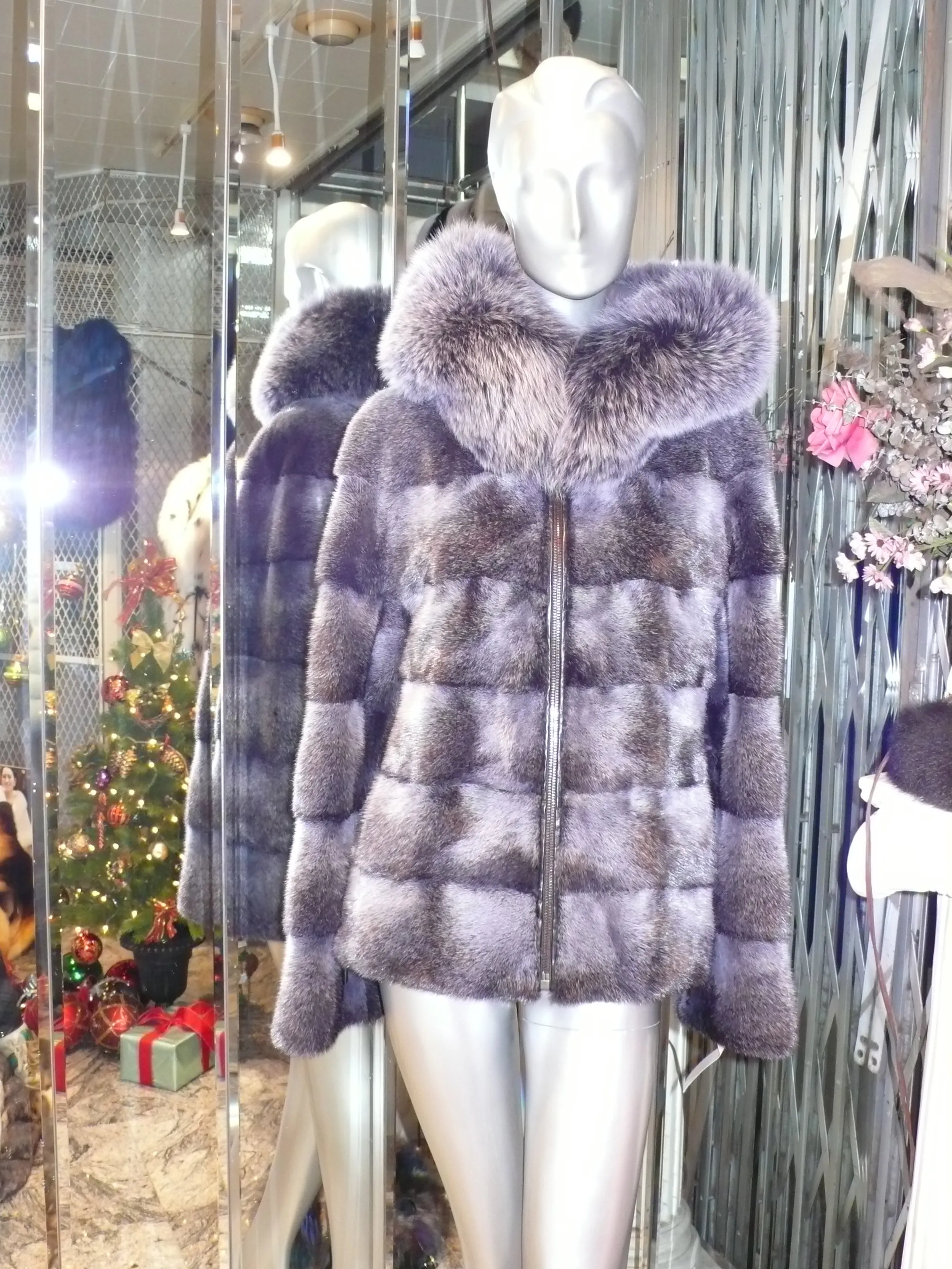 Modern Two-Tone Mink Fur Jacket with Full Fox Fur Trim Hood Dark Lavender