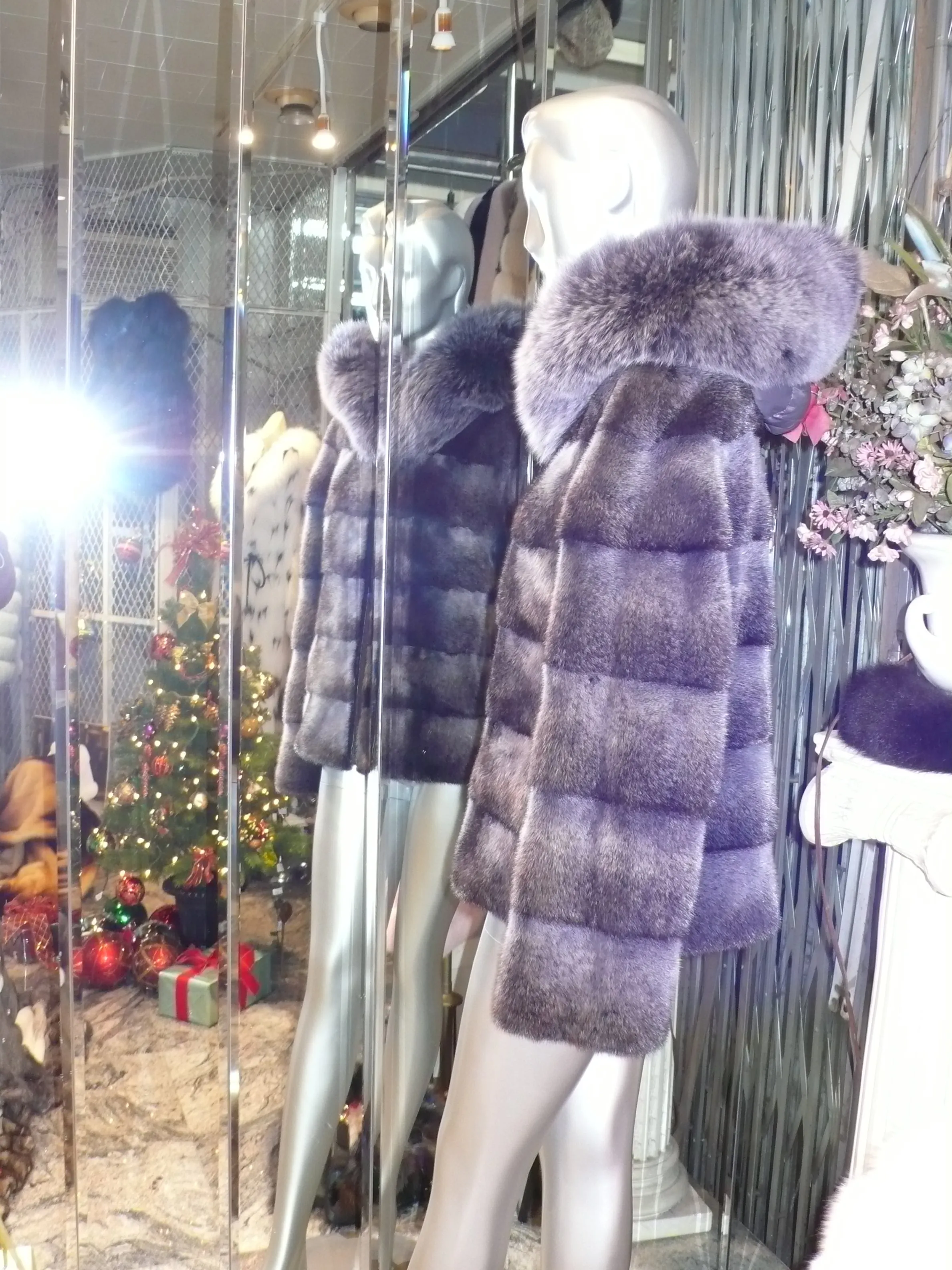 Modern Two-Tone Mink Fur Jacket with Full Fox Fur Trim Hood Dark Lavender