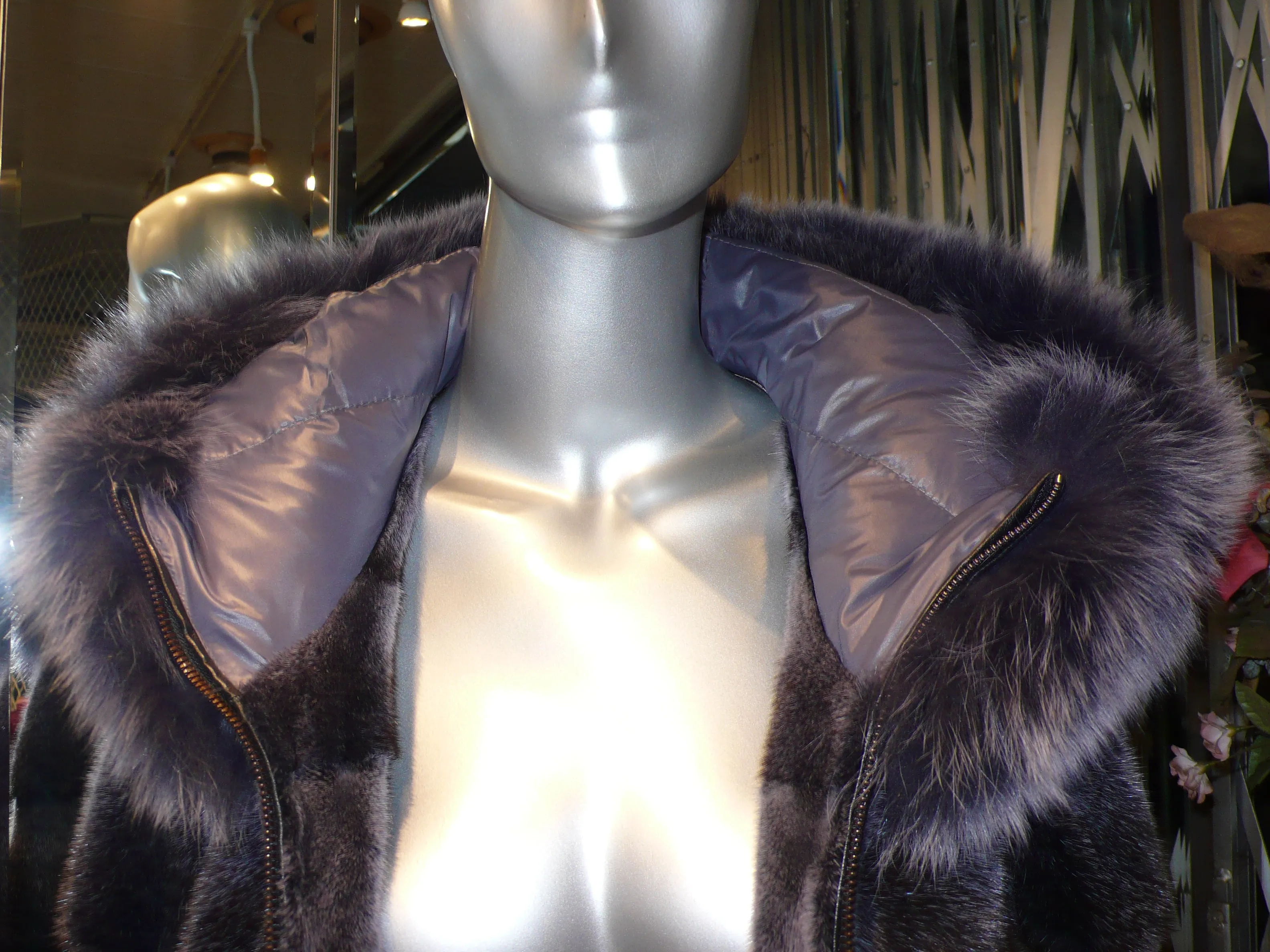 Modern Two-Tone Mink Fur Jacket with Full Fox Fur Trim Hood Dark Lavender