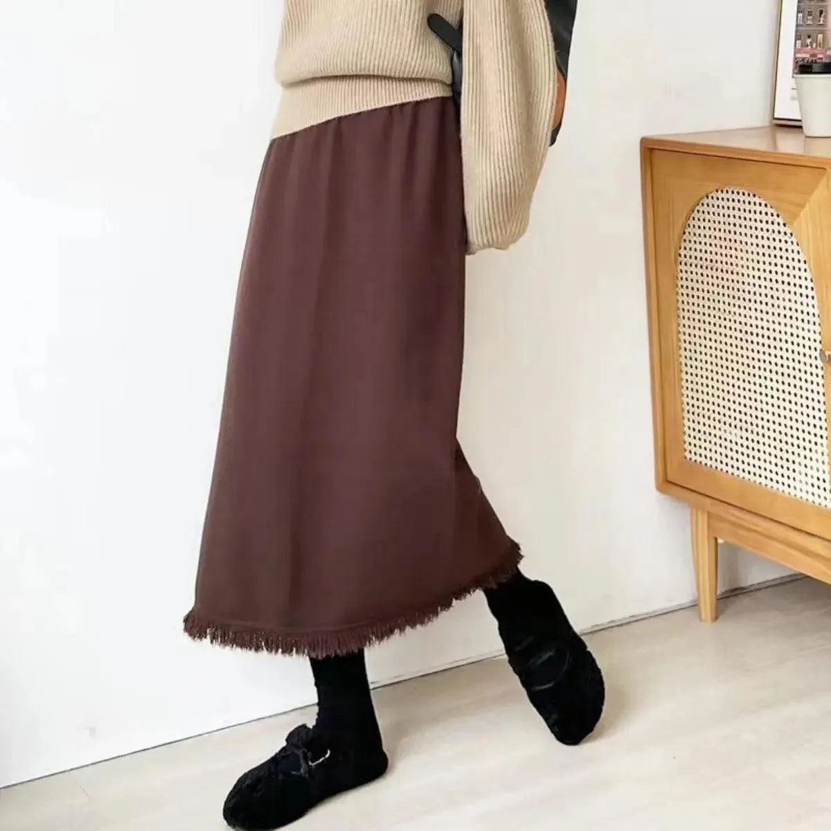 MS013 Tassel Knit High Waist Elastic Waist Skirt