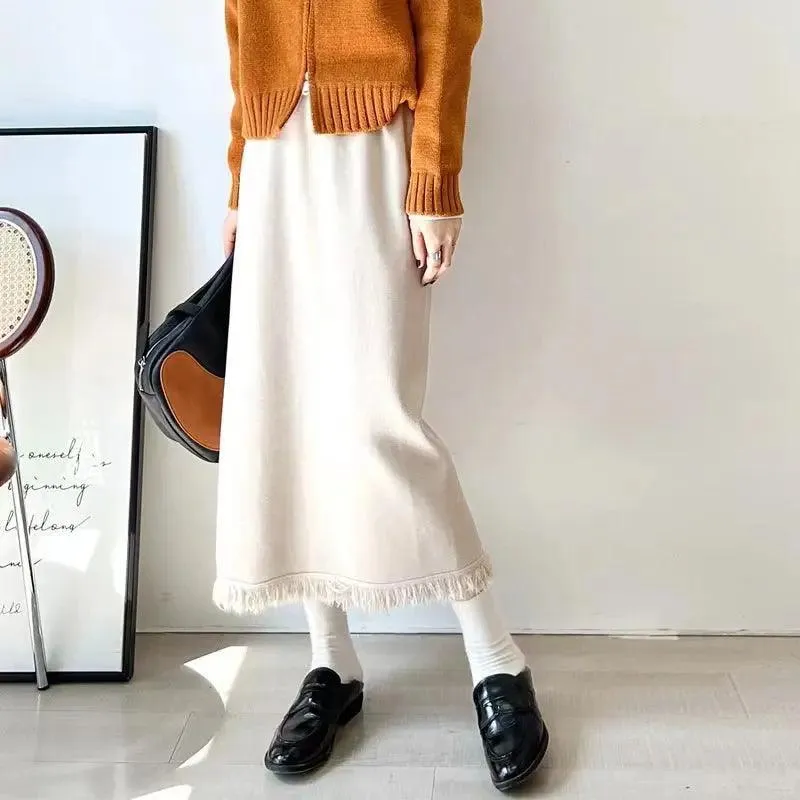 MS013 Tassel Knit High Waist Elastic Waist Skirt