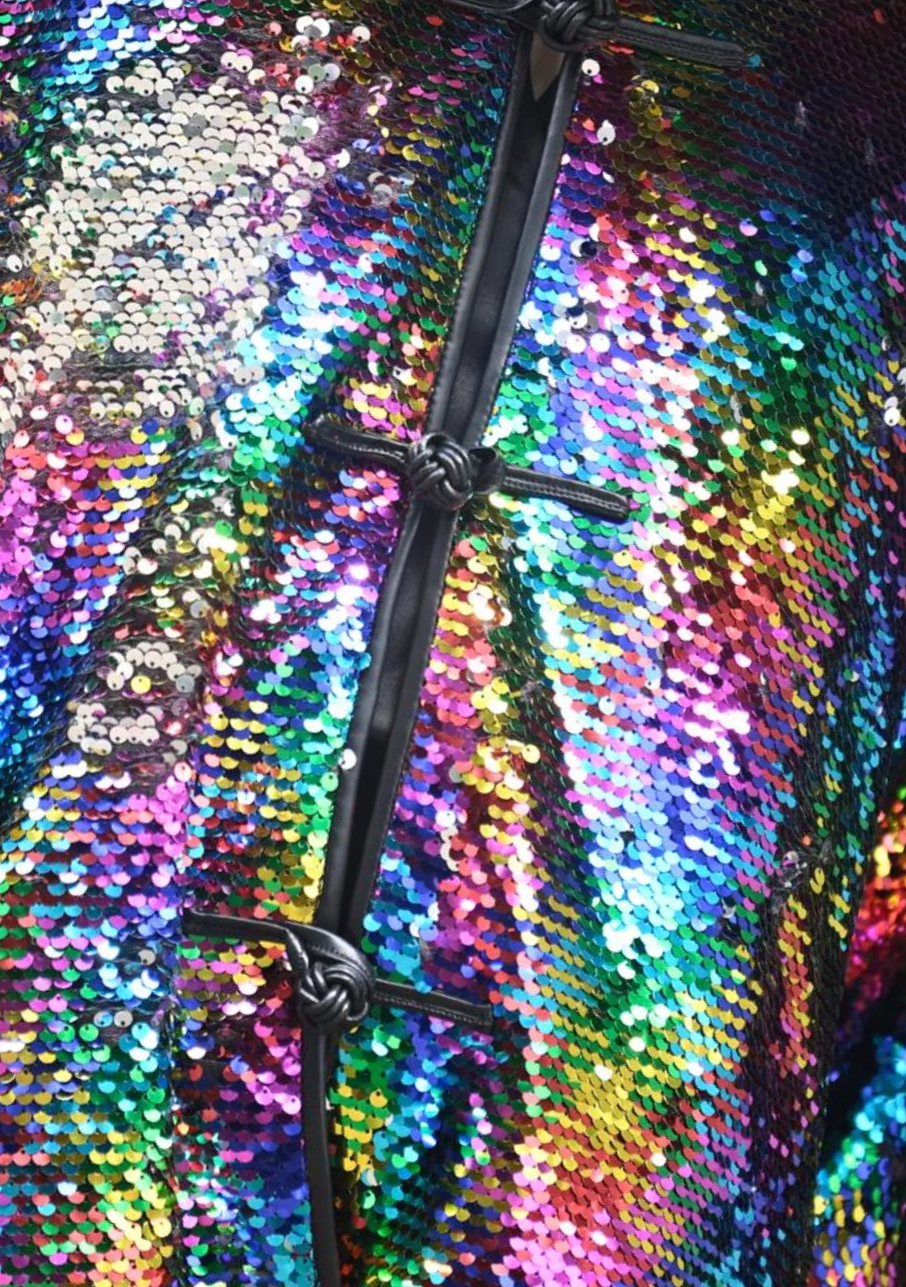 Multi Color Sequin Button Down Chinese Collar Jacket with Black Faux Leather Trims