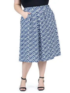 Navy Print Plus Size Elastic Waist Pleated Knee Length Pocket Skirt