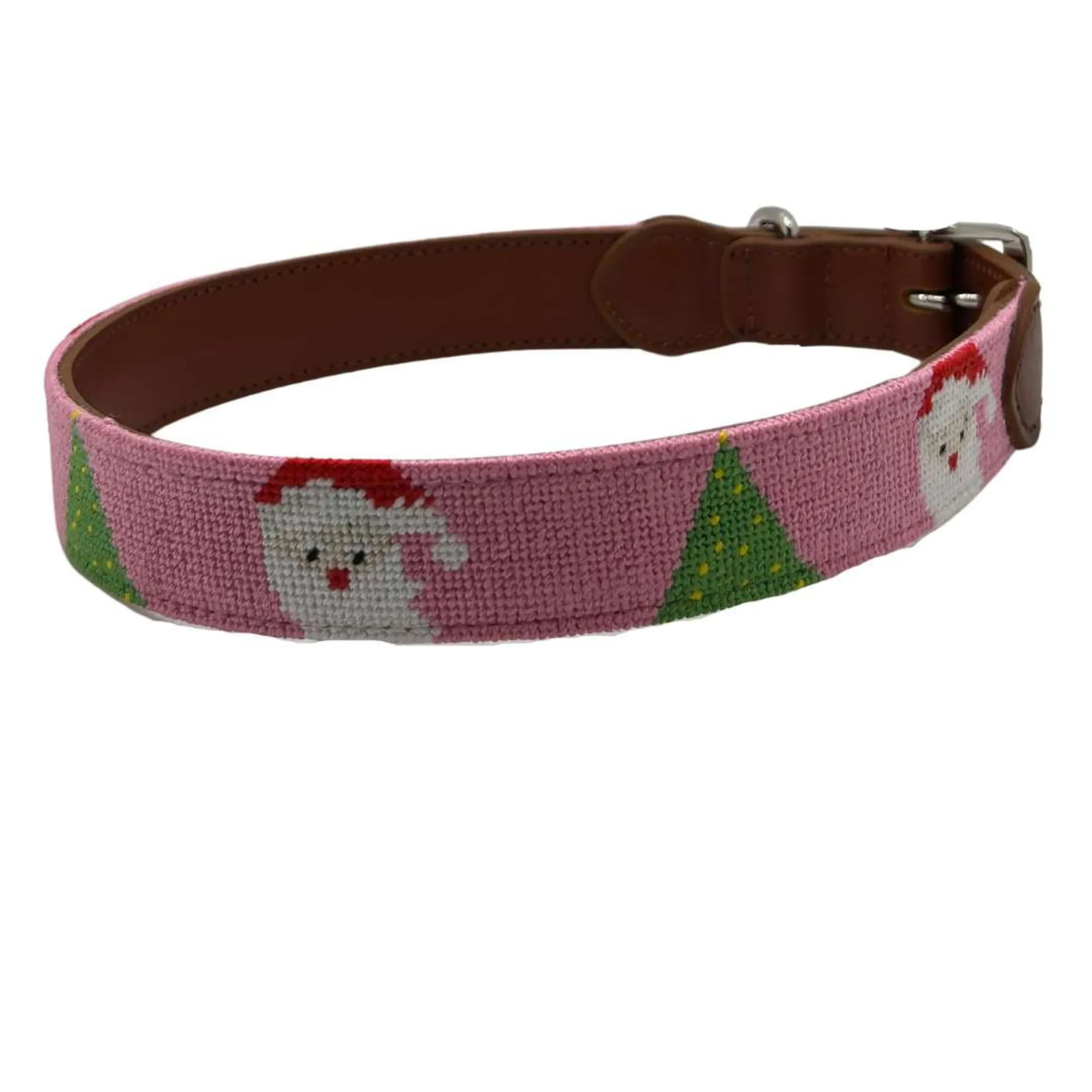 Needlepoint Dog Collar- Pink Santa Pattern