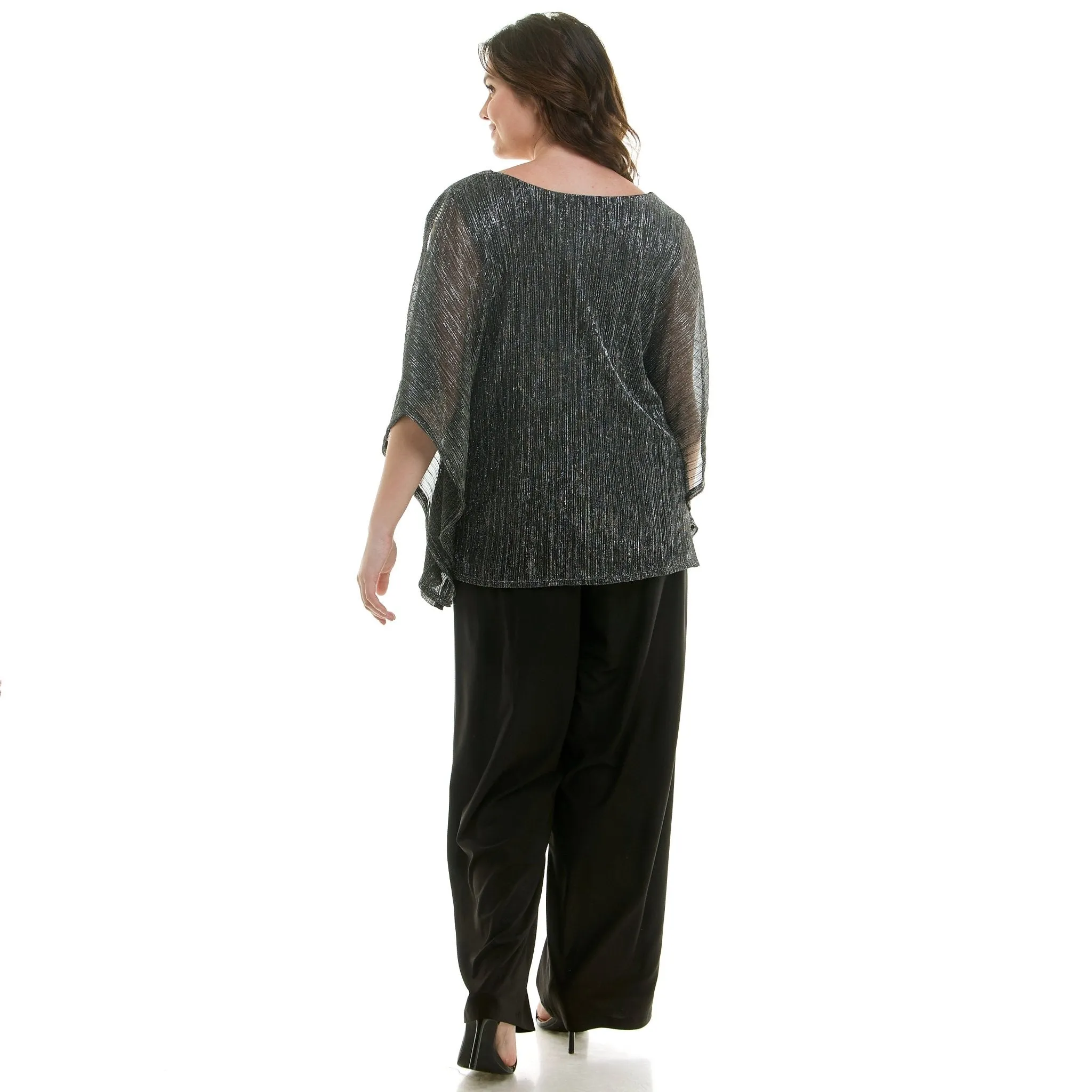 Novelty Trim Cold Shoulder Poncho Pant Set - Plus