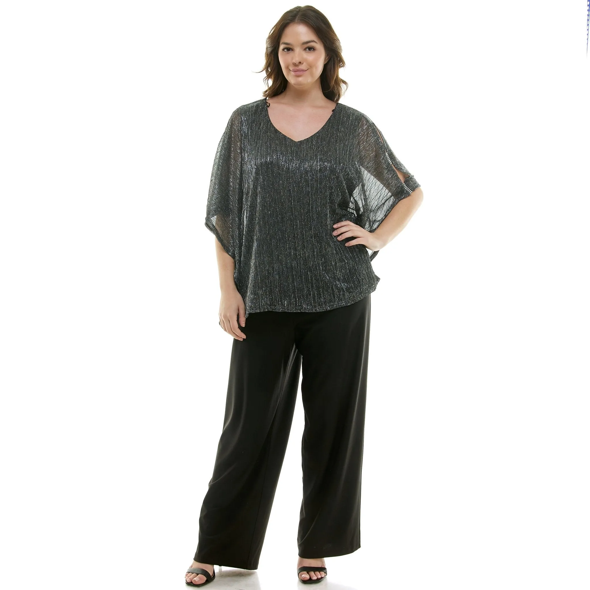 Novelty Trim Cold Shoulder Poncho Pant Set - Plus