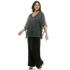 Novelty Trim Cold Shoulder Poncho Pant Set - Plus