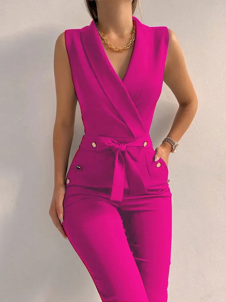 Office Wear Deep V-Neck Button Decor Bodycon Women's Jumpsuits