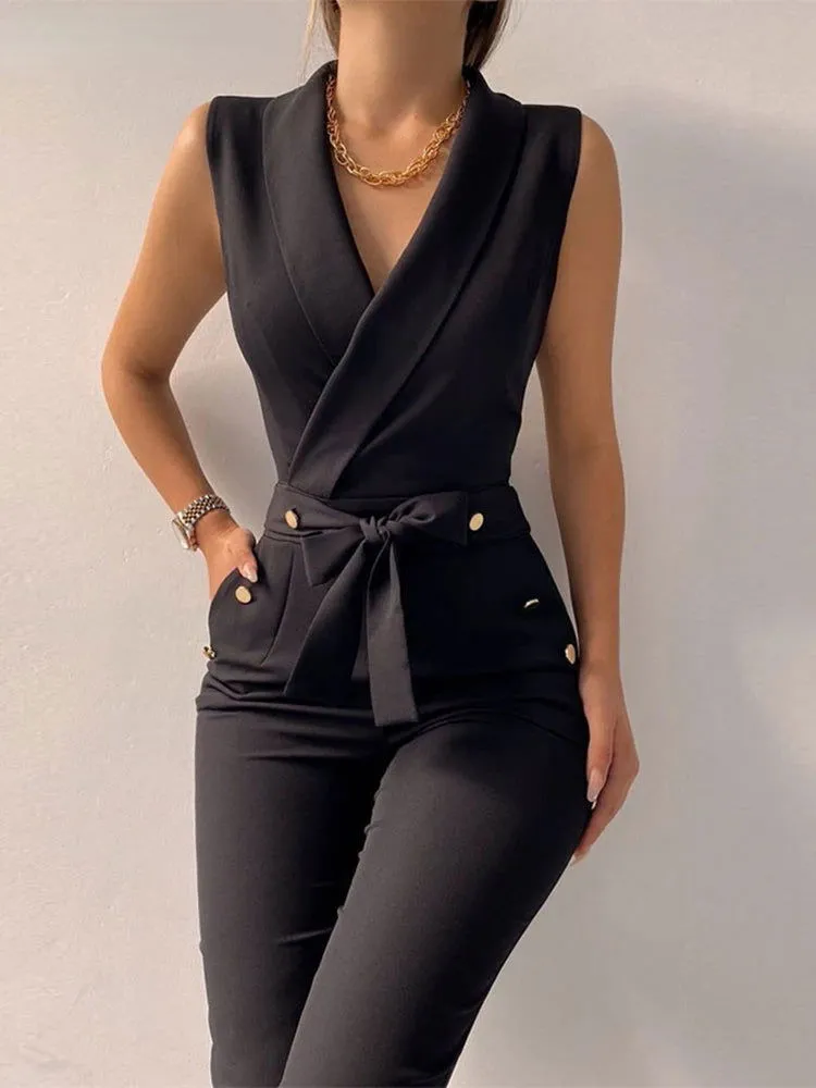 Office Wear Deep V-Neck Button Decor Bodycon Women's Jumpsuits