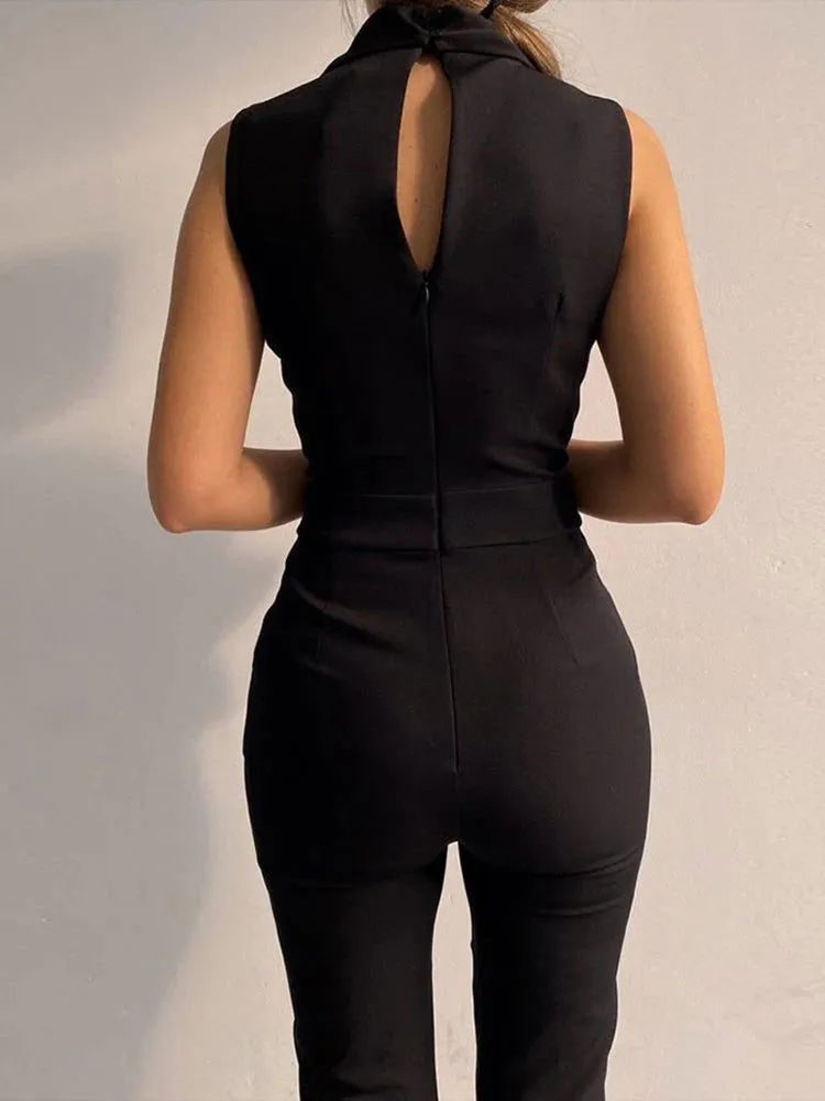 Office Wear Deep V-Neck Button Decor Bodycon Women's Jumpsuits