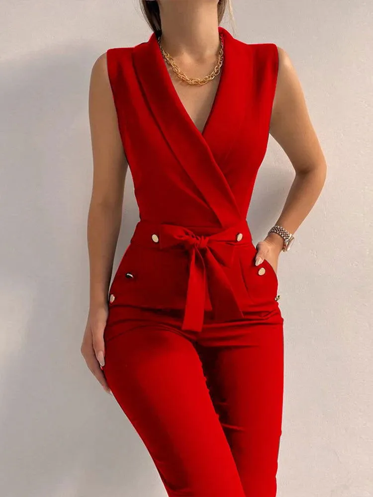 Office Wear Deep V-Neck Button Decor Bodycon Women's Jumpsuits