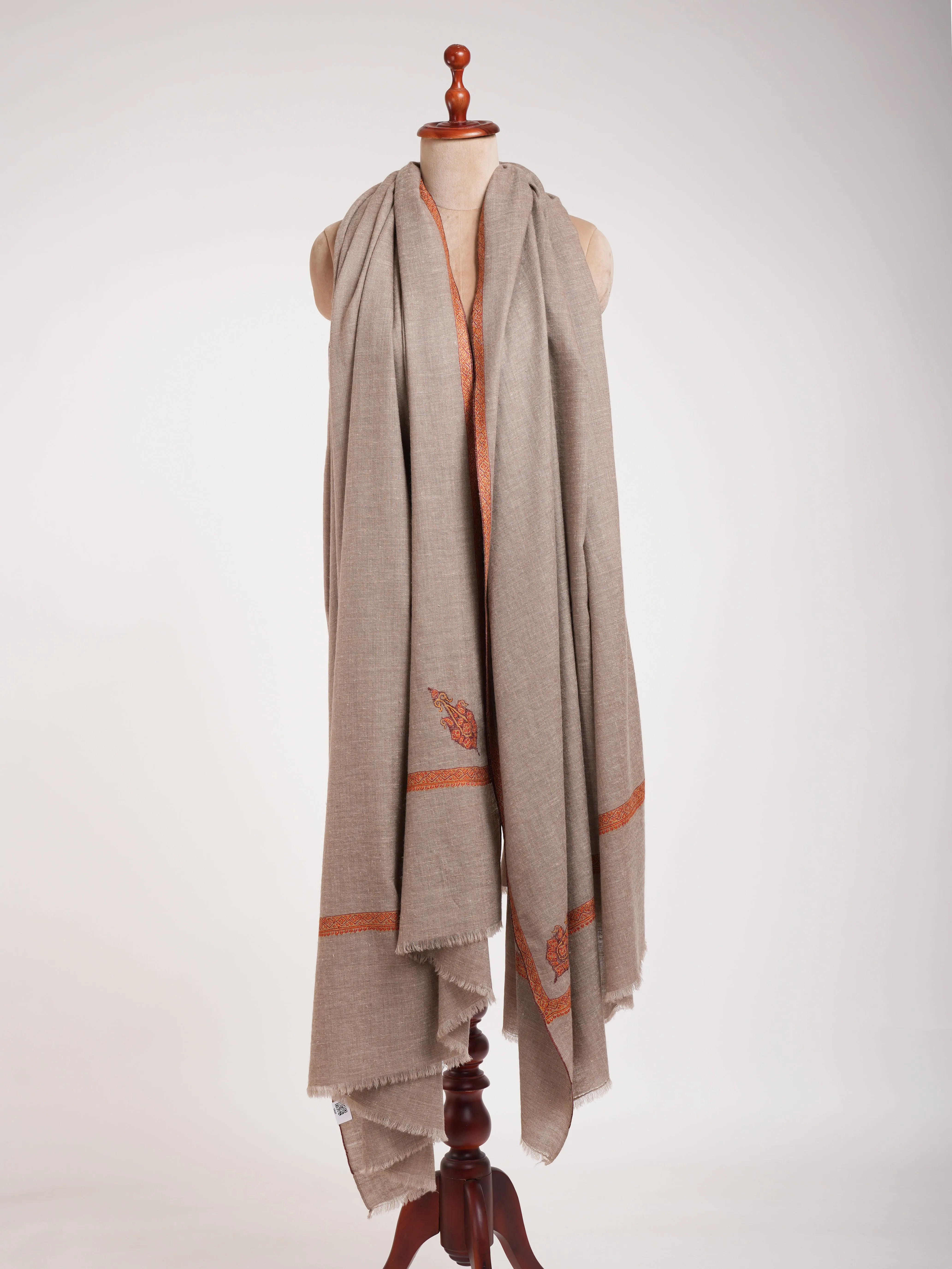 Oversized Natural Grey Hand embroidered Pashmina Shawl