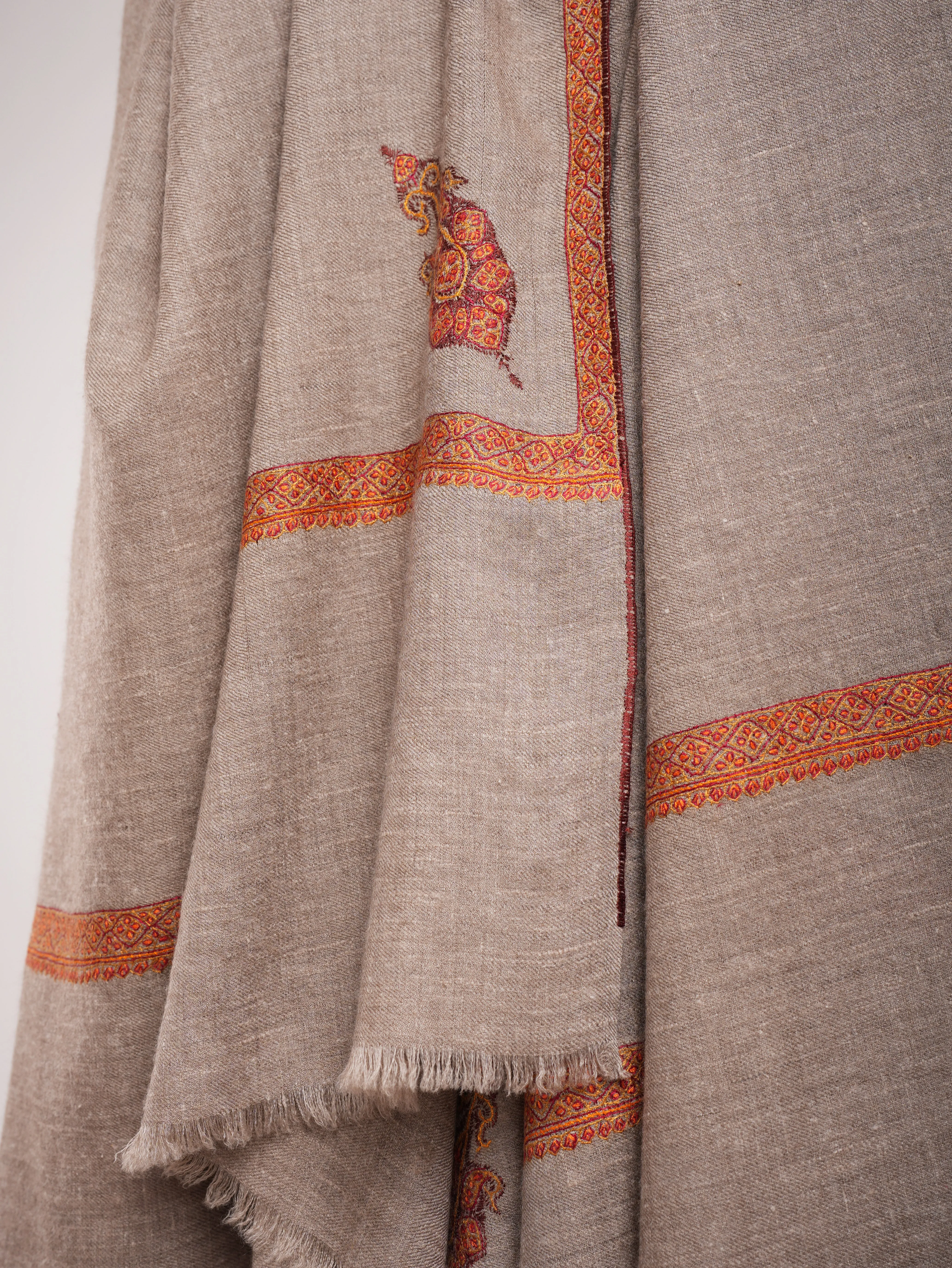 Oversized Natural Grey Hand embroidered Pashmina Shawl