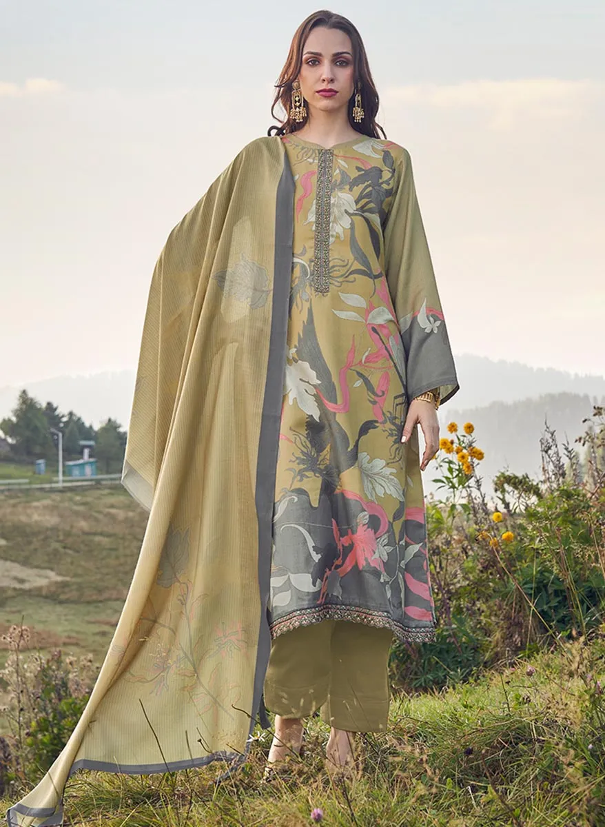 Pashmina Unstitched Green Printed Winter Suits for Ladies