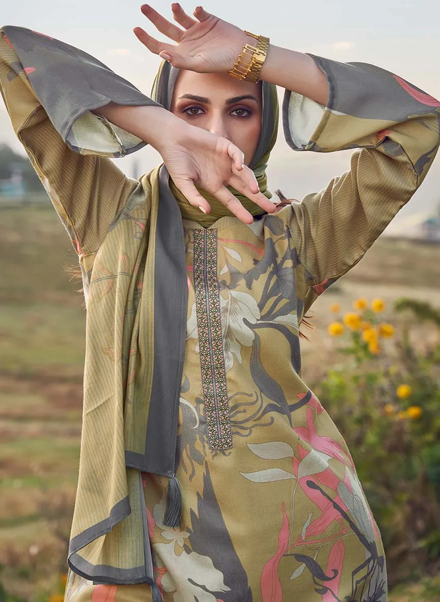 Pashmina Unstitched Green Printed Winter Suits for Ladies