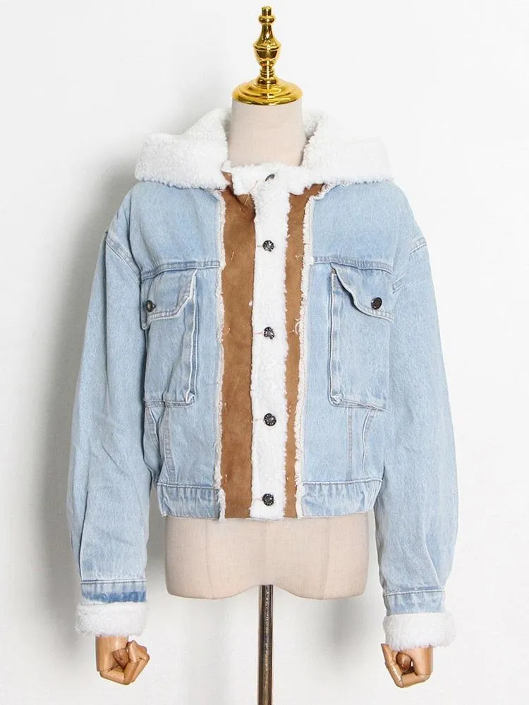 Patchwork Denim Wool Hooded Jacket