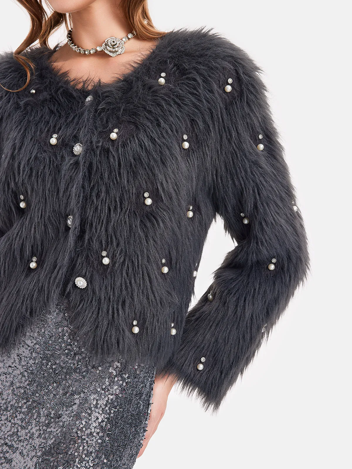 Pearl Beaded Faux Mink Coat