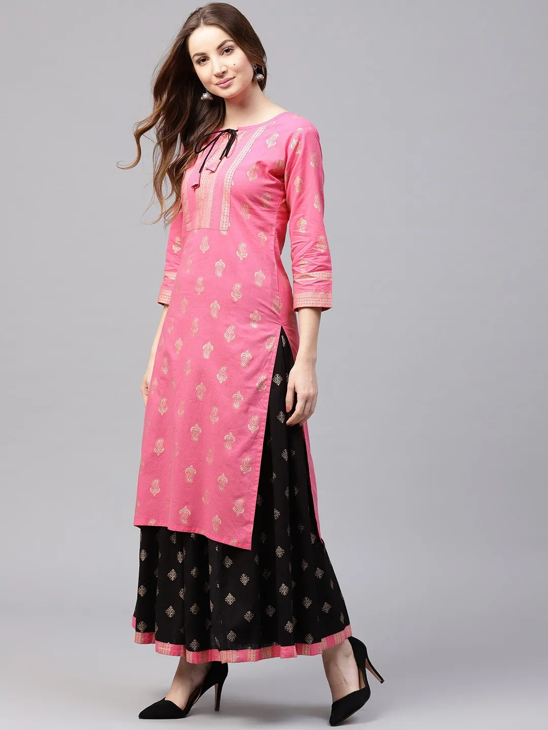 Pink Golden Print 3/4Th Sleeve Cotton Kurta With Black Printed Skirt