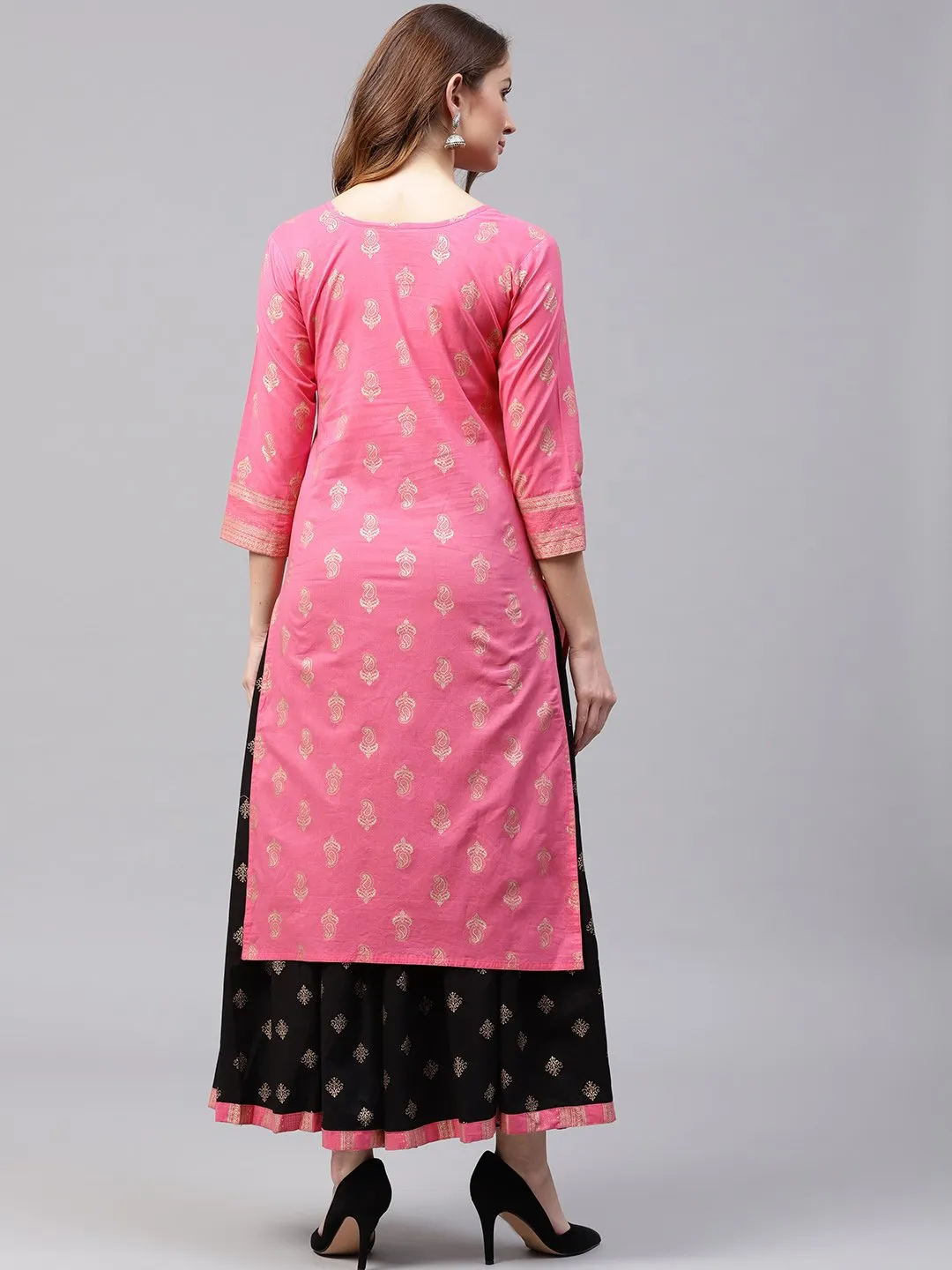 Pink Golden Print 3/4Th Sleeve Cotton Kurta With Black Printed Skirt