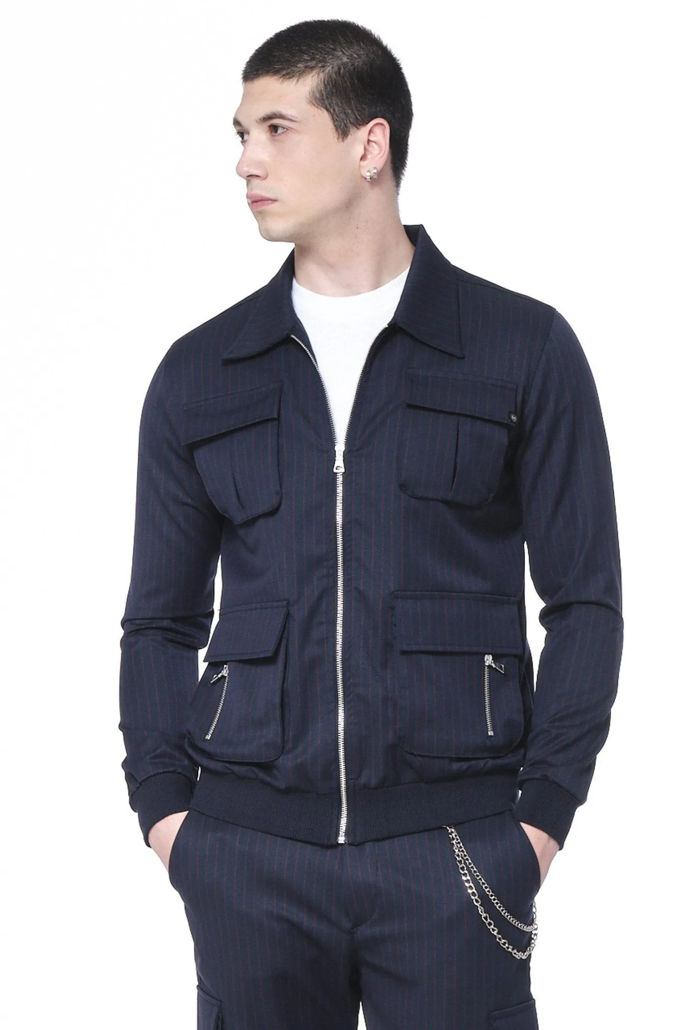 PINSTRIPED UTILITY BOMBER JACKET - NAVY RED