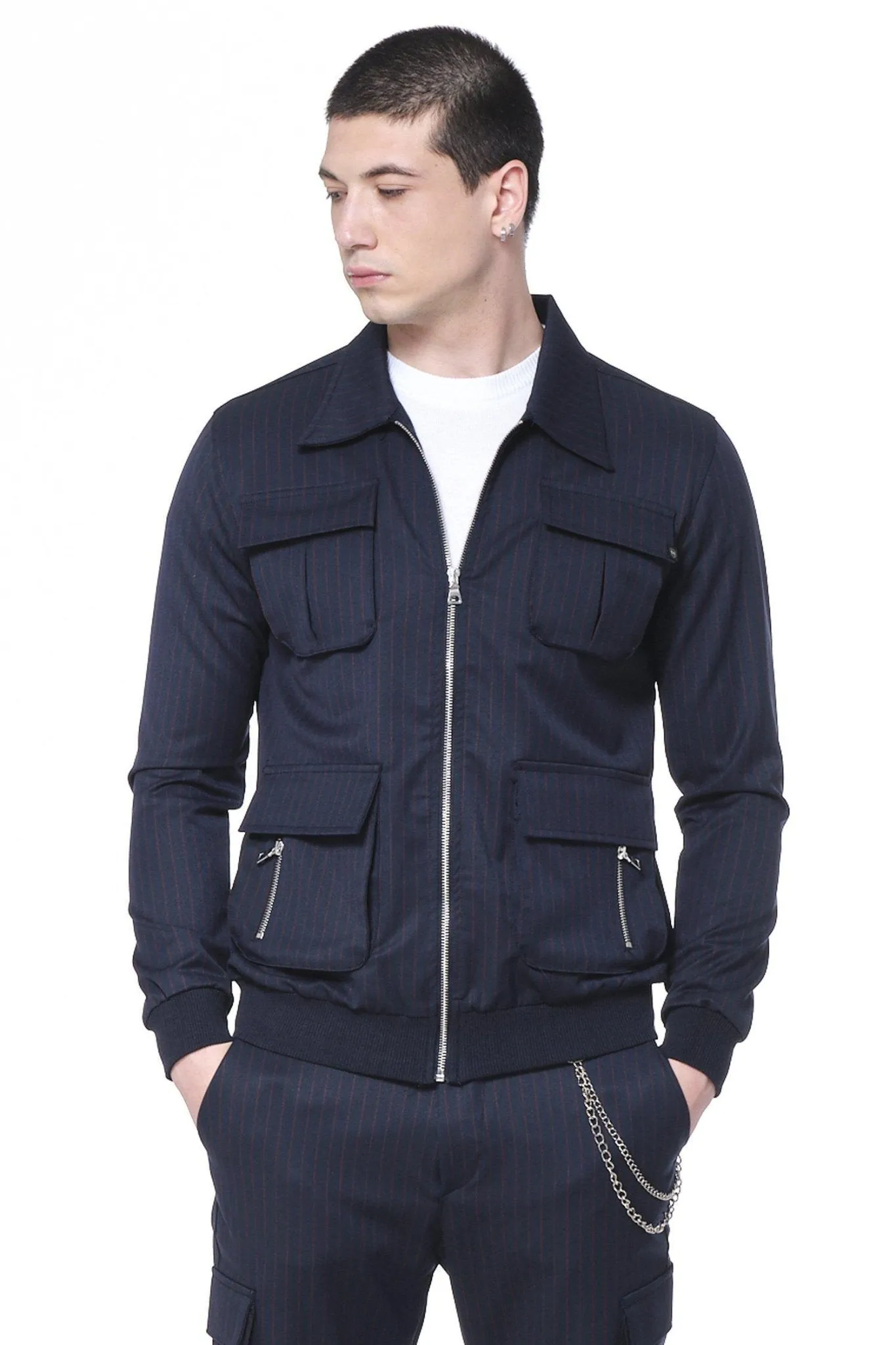 PINSTRIPED UTILITY BOMBER JACKET - NAVY RED