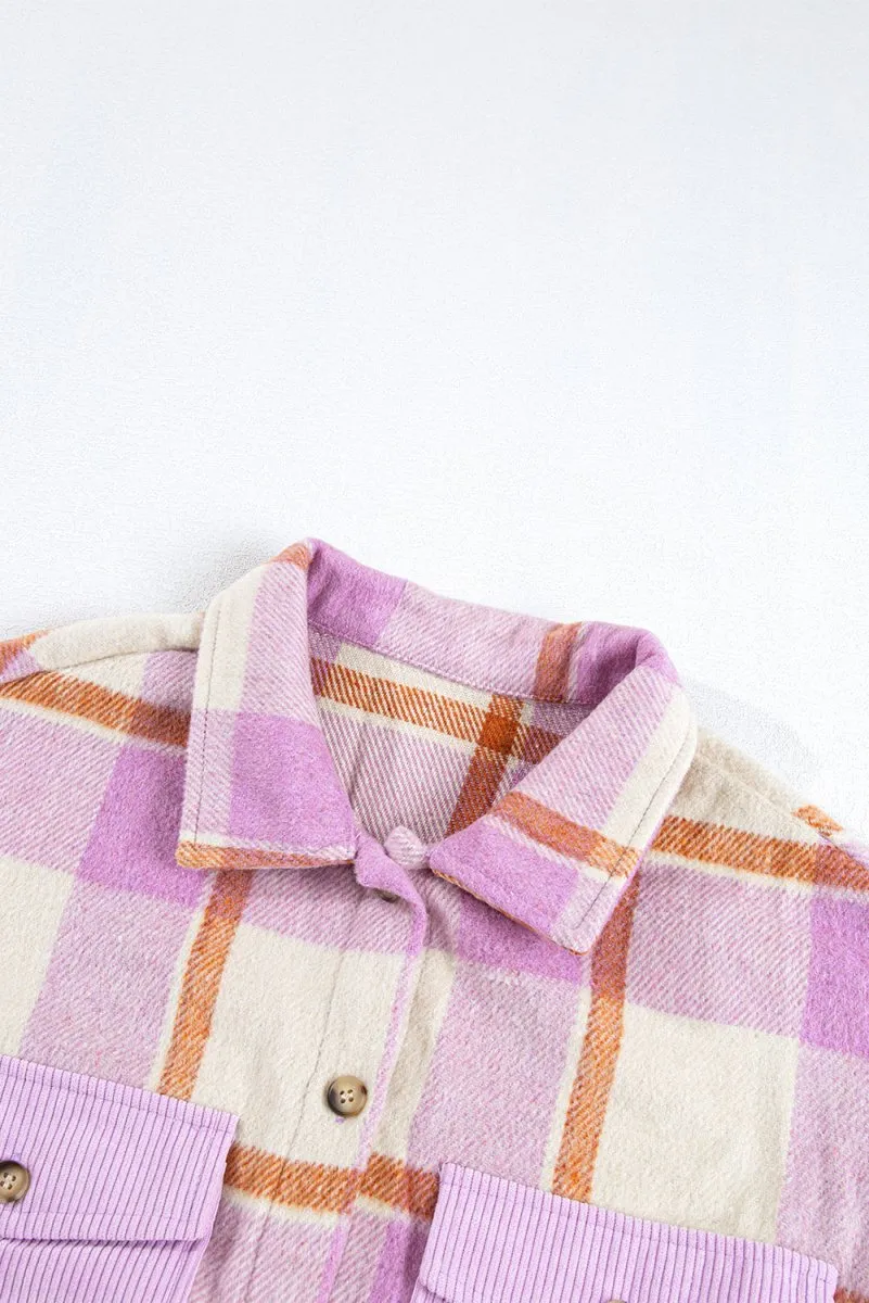 Plaid Corduroy Pockets Brushed Checkered Shacket