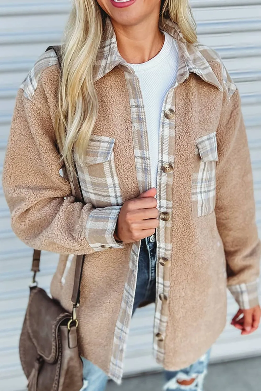 Pocketed Plaid Collared Neck Sherpa Jacket | Outerwear | Cozy Weather