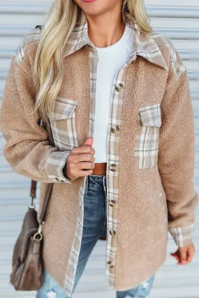 Pocketed Plaid Collared Neck Sherpa Jacket | Outerwear | Cozy Weather