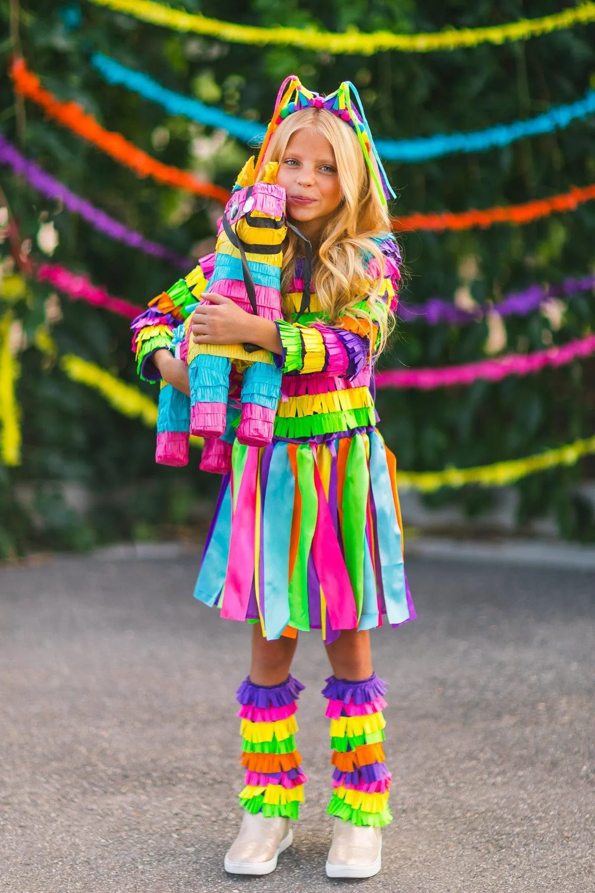 Rainbow Piñata Girl Costume 4 Piece Set