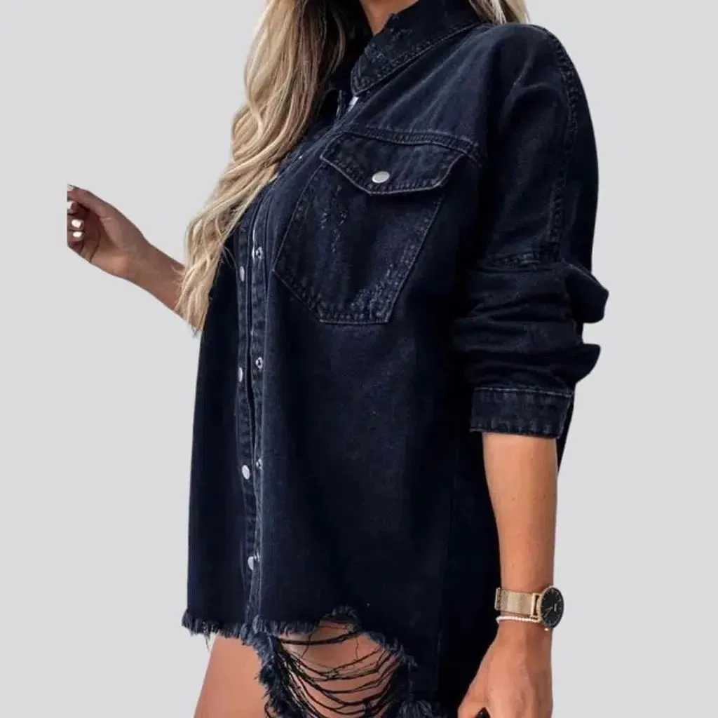 Raw-hem grunge denim jacket for ladies