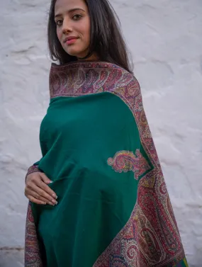 Regal Statement. Exclusive Soft Jamavar Design Kashmiri Shawl - Emerald Green