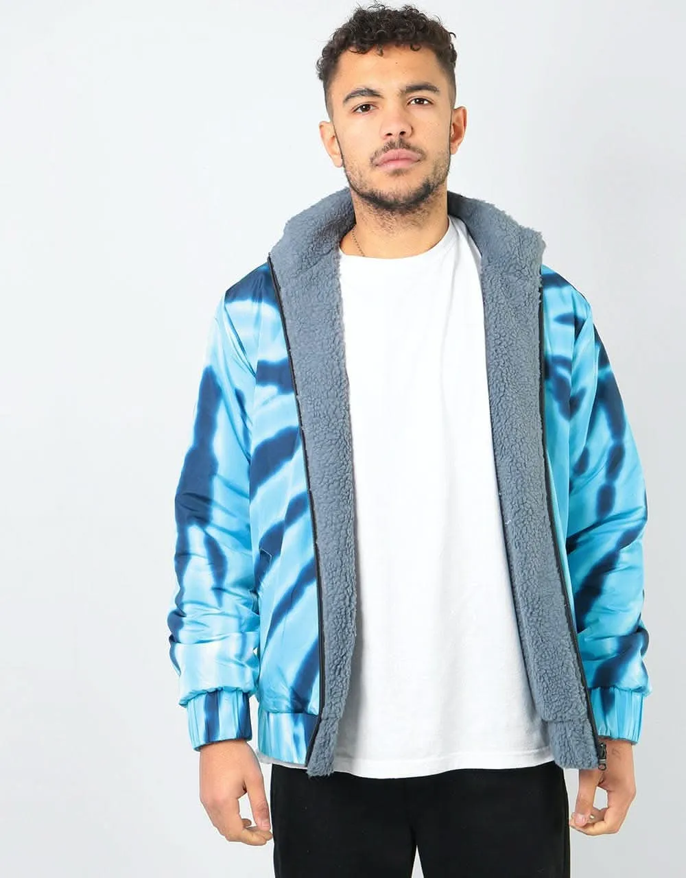 RIPNDIP Pill Reversible Sherpa Varsity Jacket - Solid Grey/Blue Dye