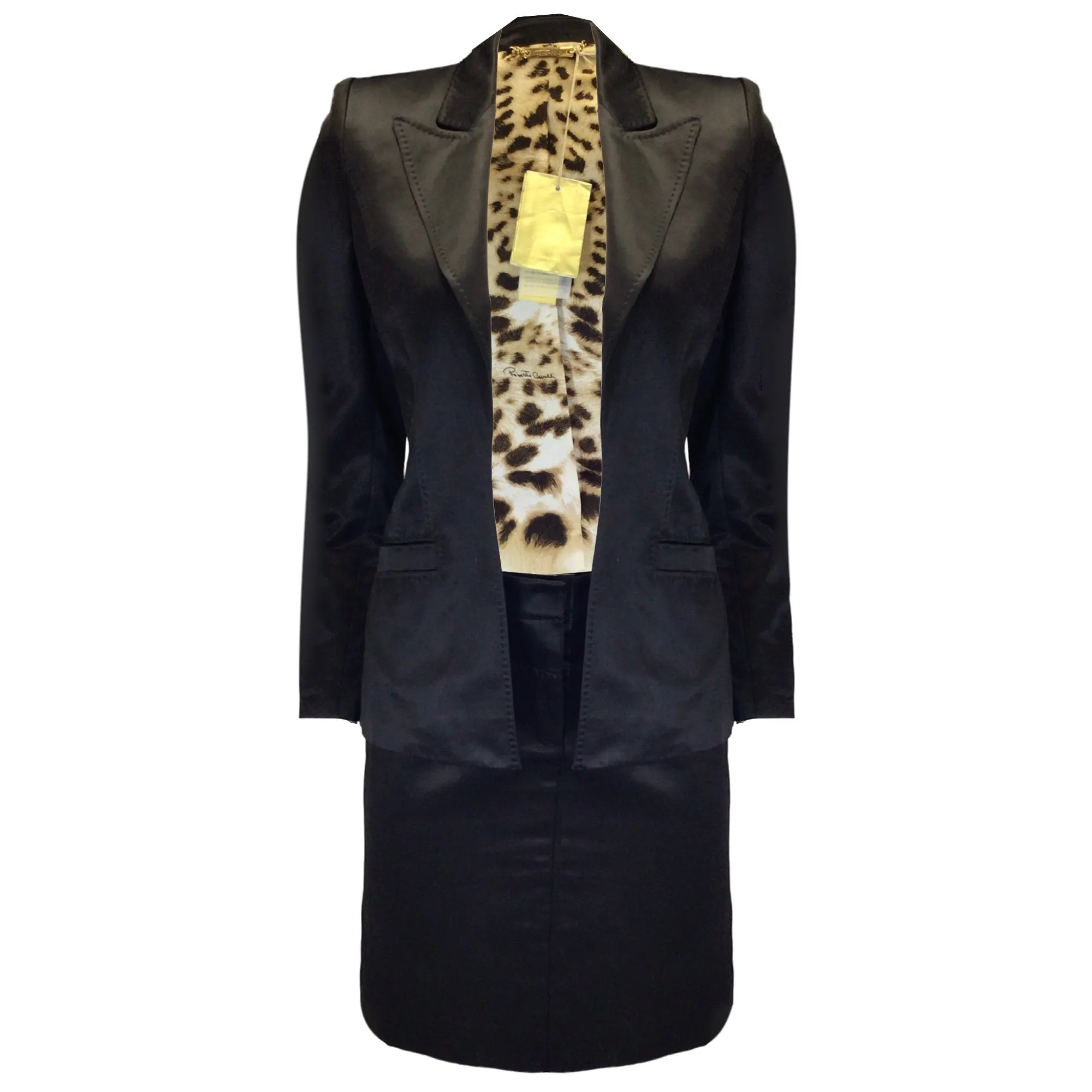 Roberto Cavalli Black / Tan Leopard Print Lined Satin Jacket and Skirt Set