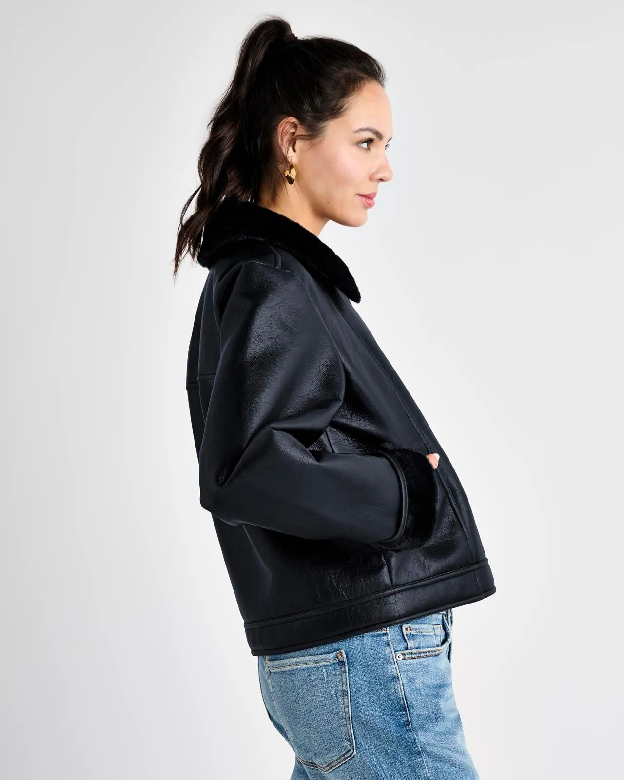 Romy Vegan Leather Jacket in Navy