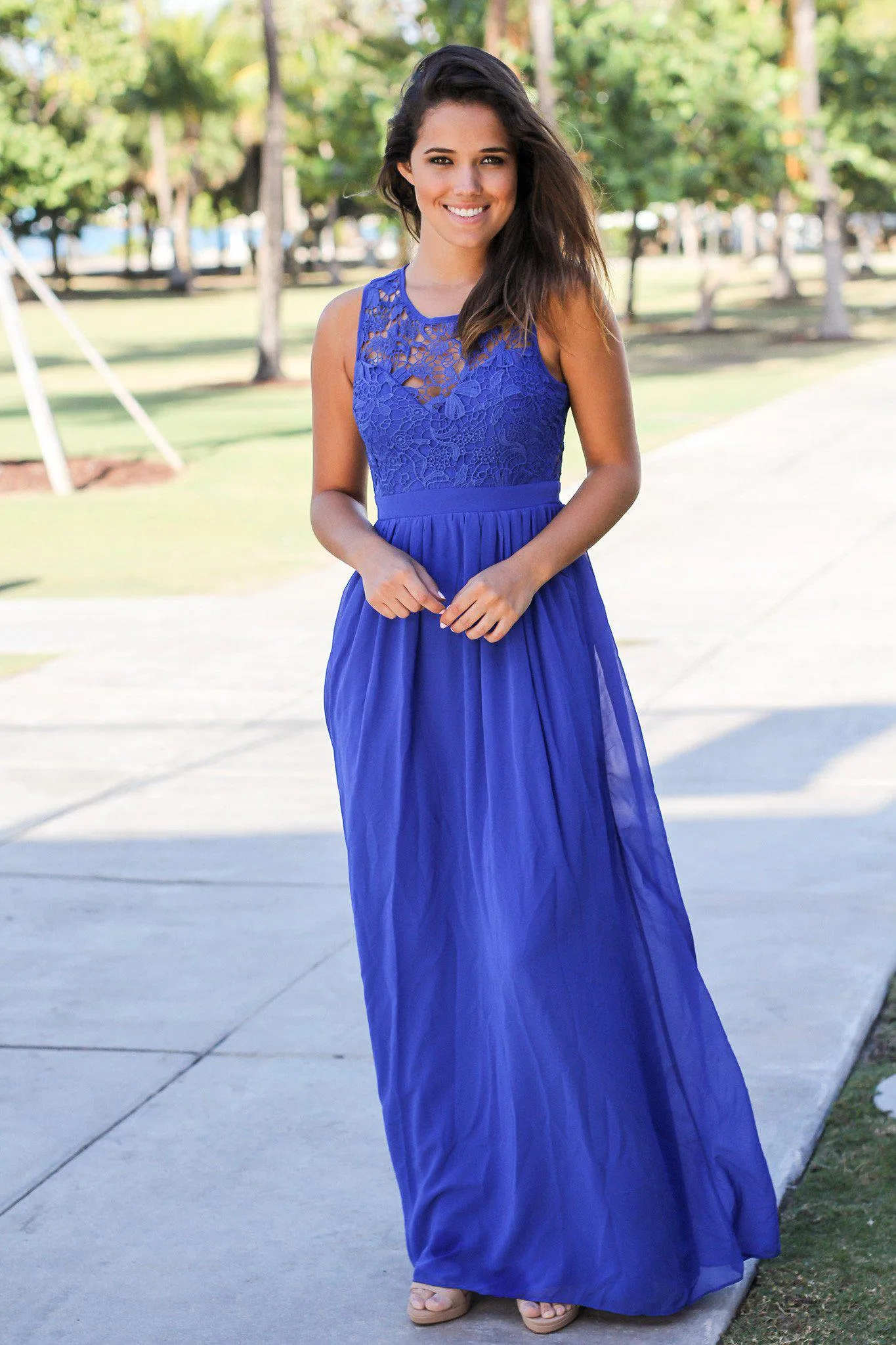 Royal Blue Crochet Maxi Dress with Open Back