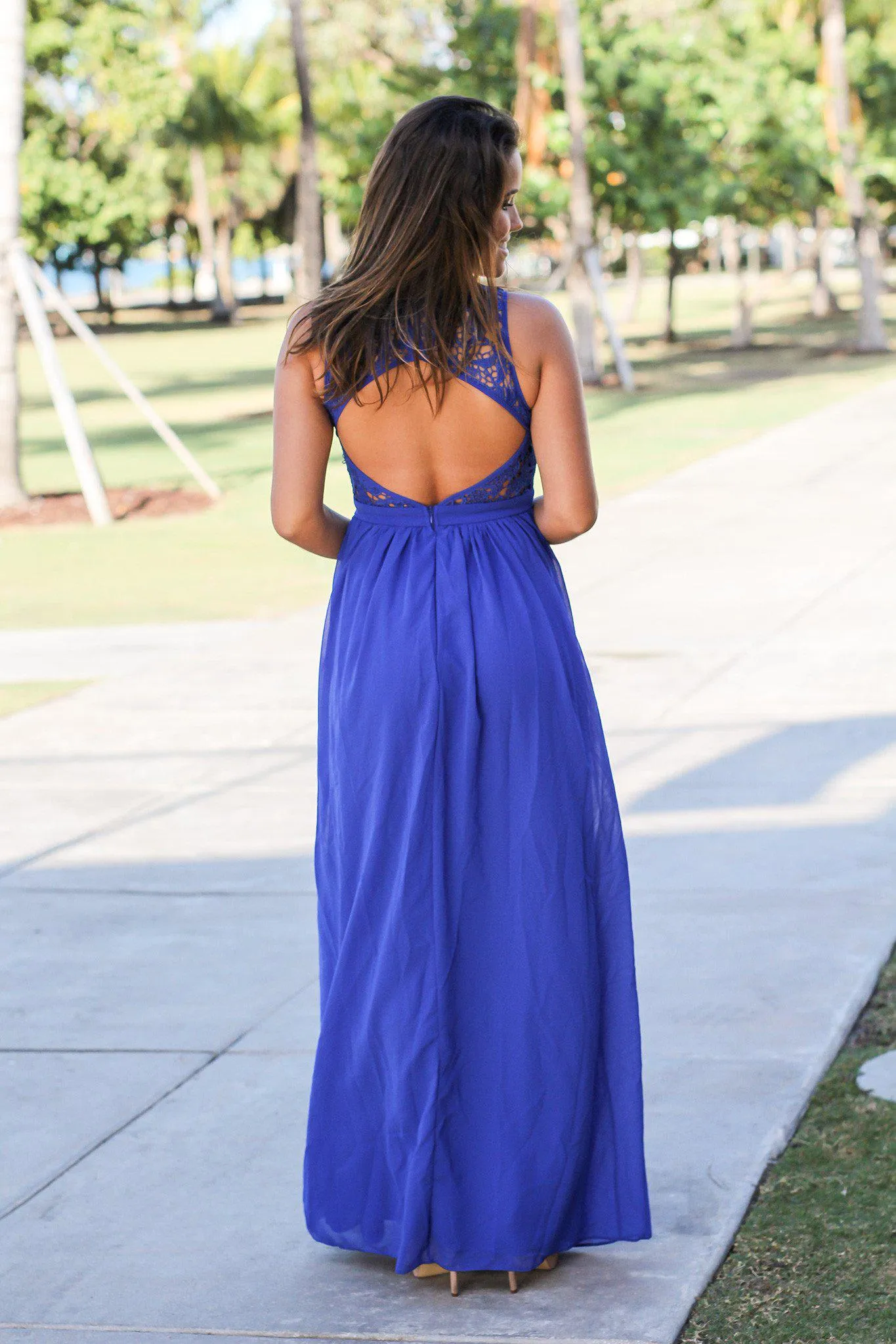 Royal Blue Crochet Maxi Dress with Open Back