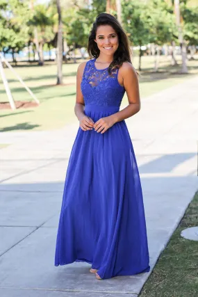 Royal Blue Crochet Maxi Dress with Open Back