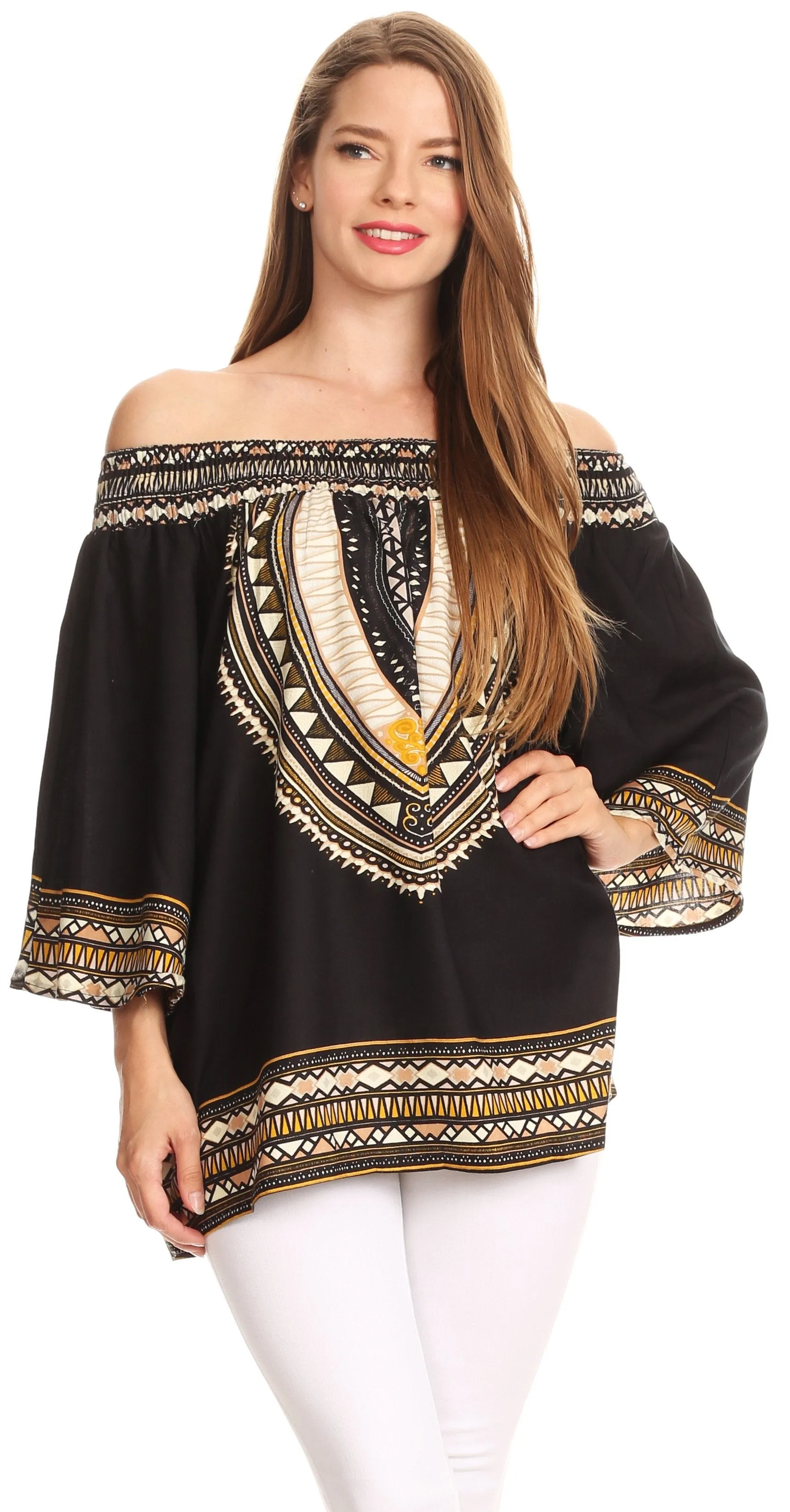 Sakkas Abelia Tribal Print Off-shoulder  3/4 Sleeve Top Blouse