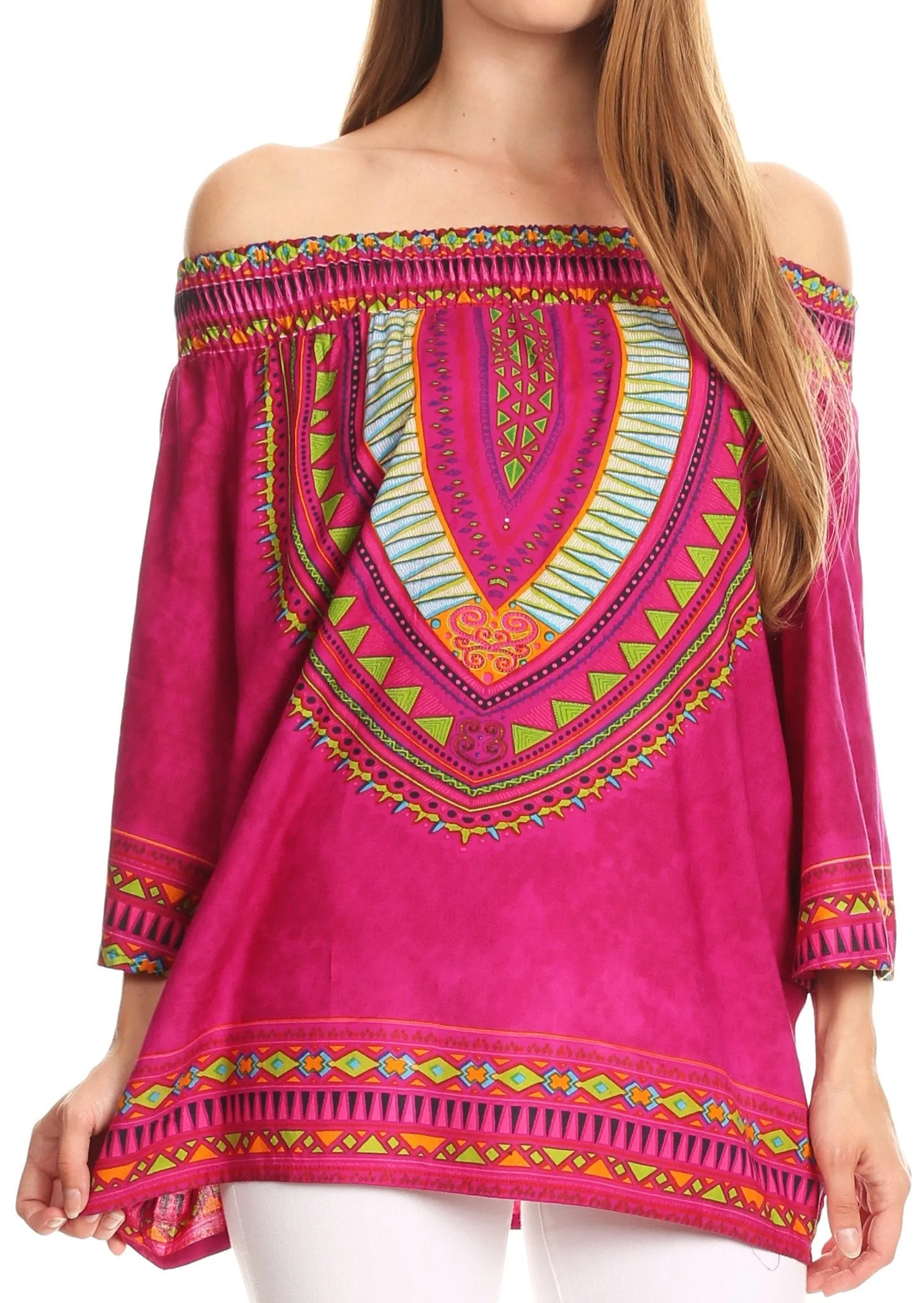 Sakkas Abelia Tribal Print Off-shoulder  3/4 Sleeve Top Blouse