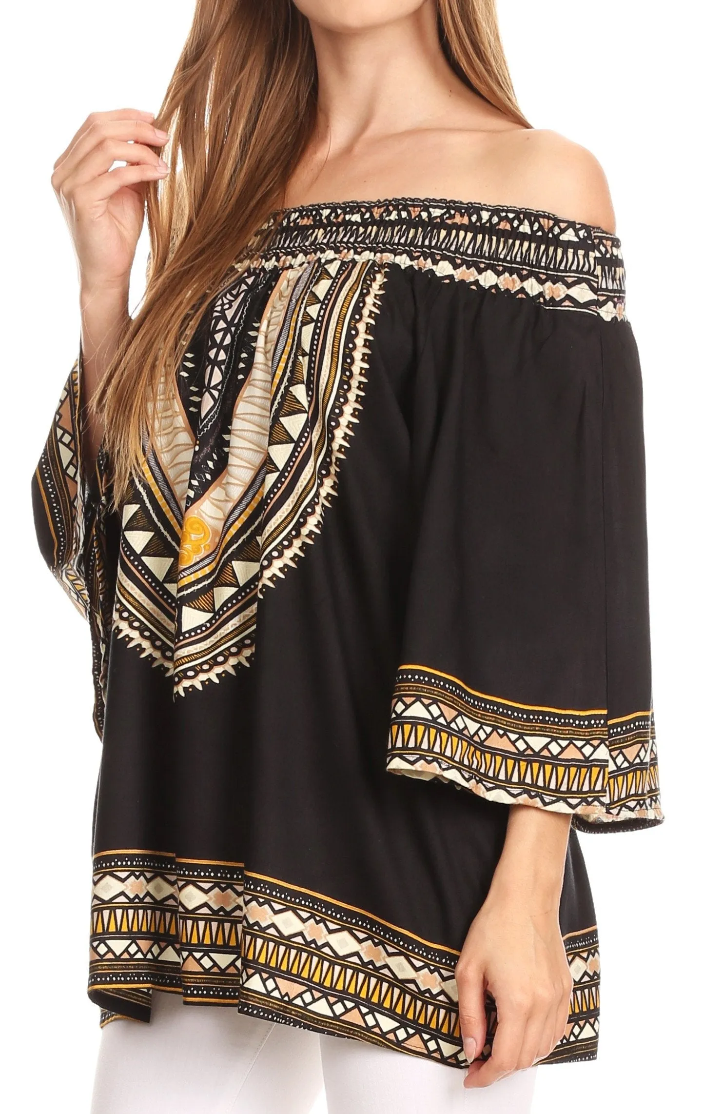 Sakkas Abelia Tribal Print Off-shoulder  3/4 Sleeve Top Blouse