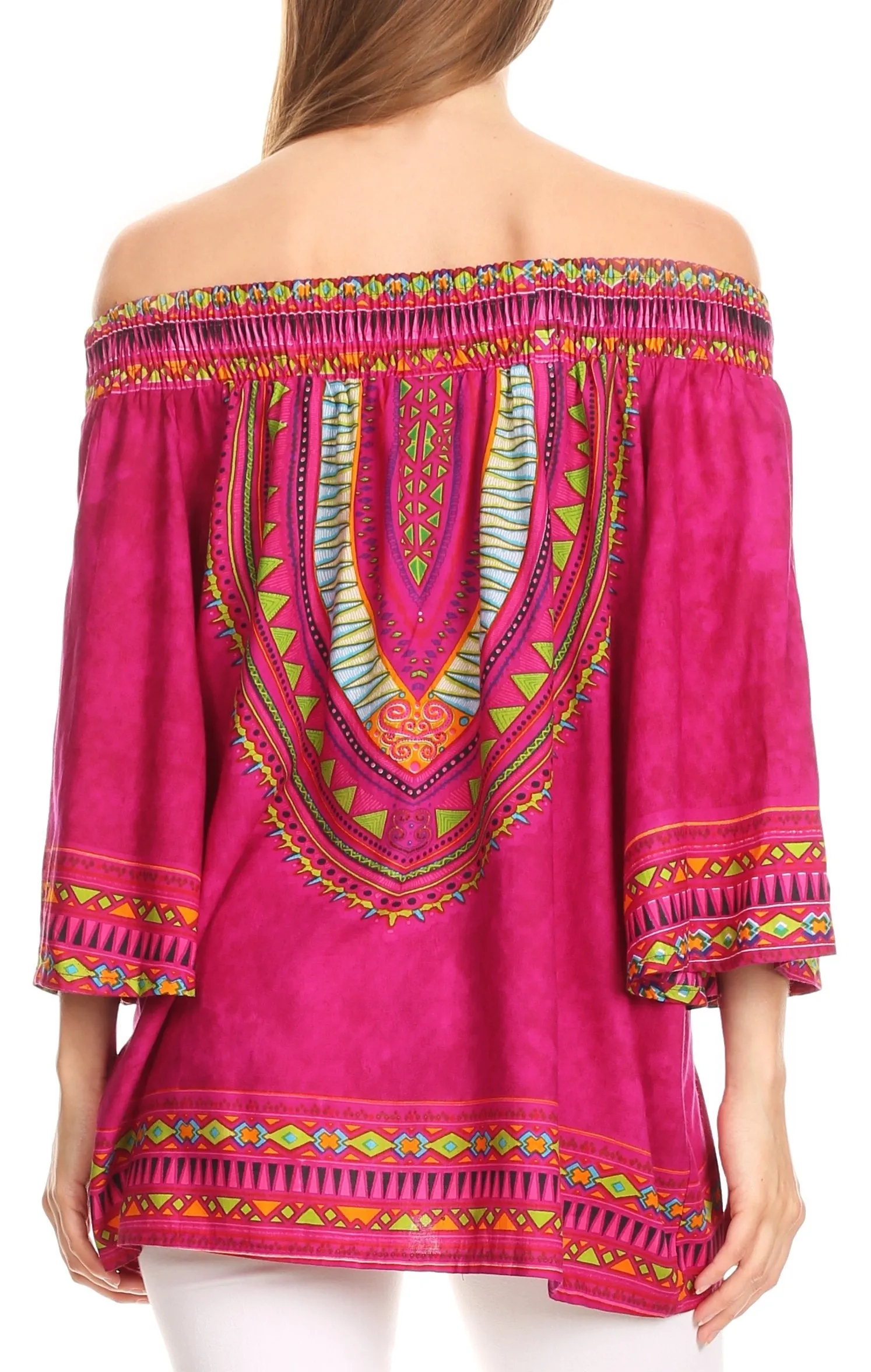 Sakkas Abelia Tribal Print Off-shoulder  3/4 Sleeve Top Blouse