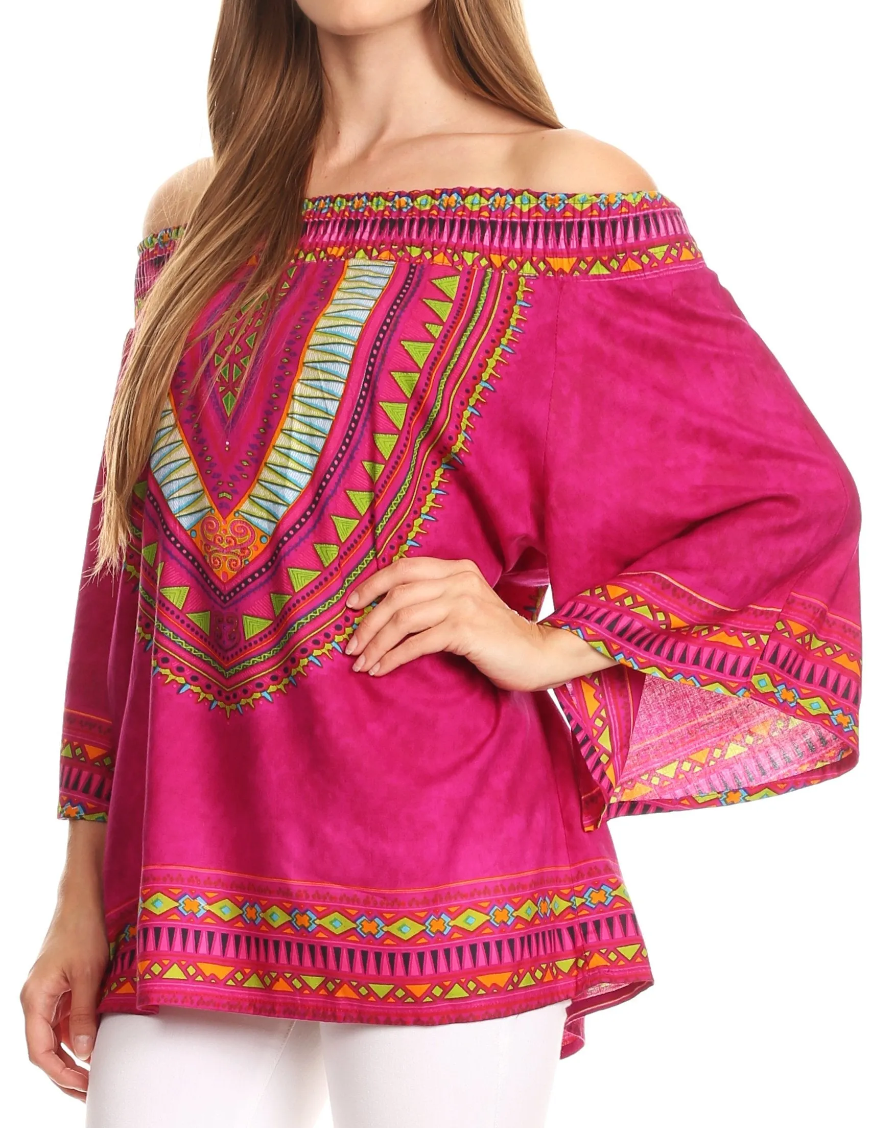 Sakkas Abelia Tribal Print Off-shoulder  3/4 Sleeve Top Blouse