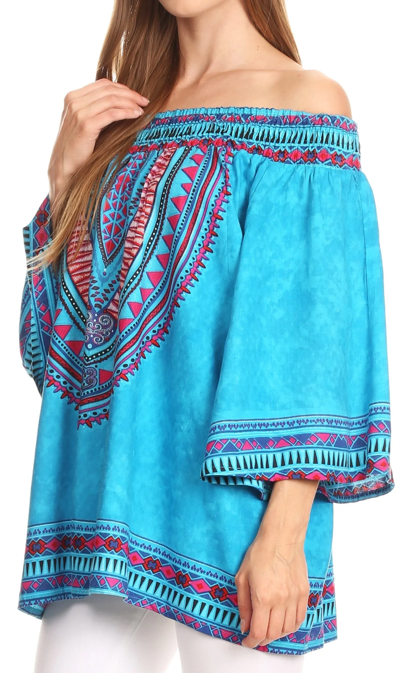 Sakkas Abelia Tribal Print Off-shoulder  3/4 Sleeve Top Blouse