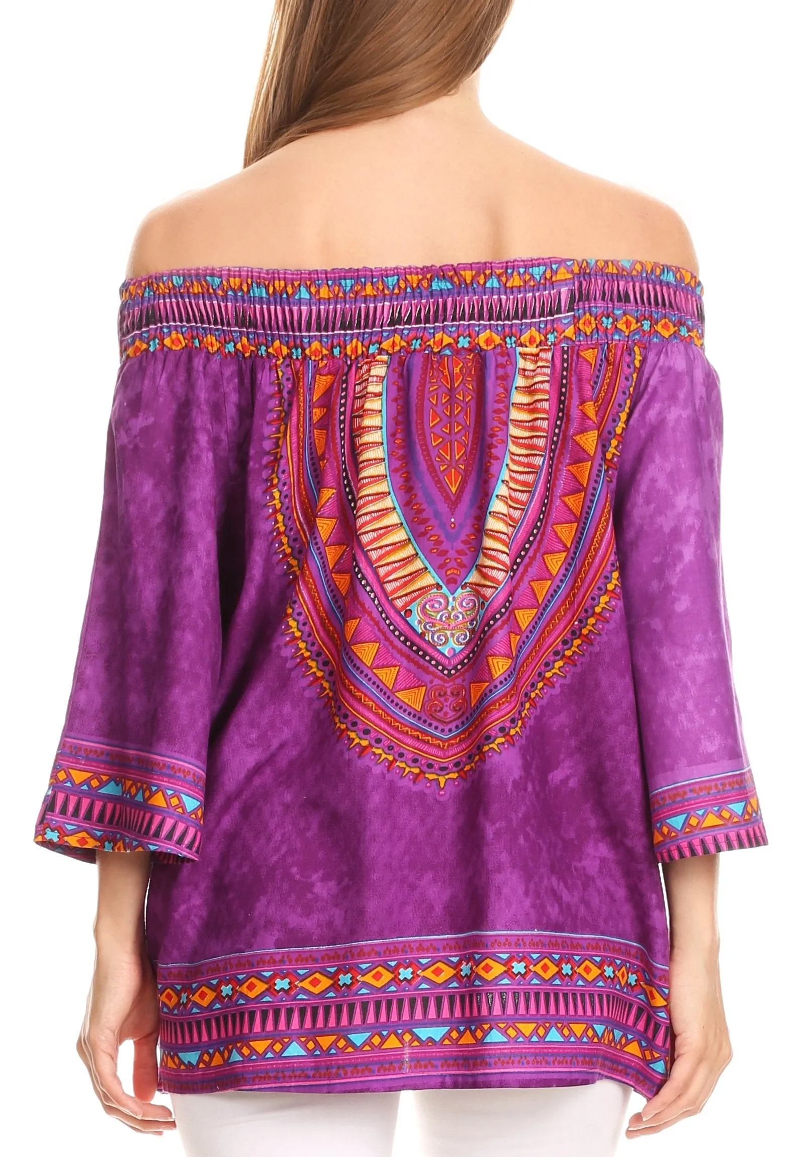 Sakkas Abelia Tribal Print Off-shoulder  3/4 Sleeve Top Blouse