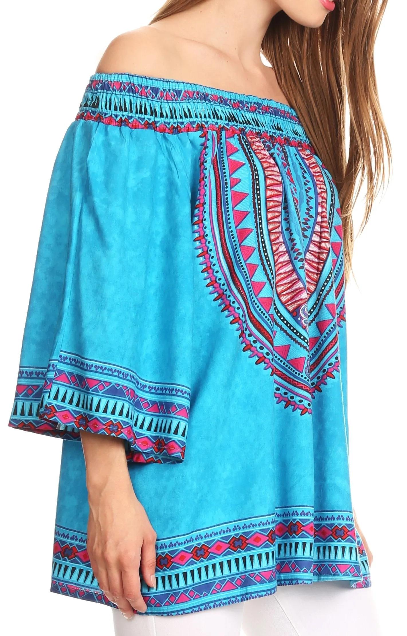 Sakkas Abelia Tribal Print Off-shoulder  3/4 Sleeve Top Blouse