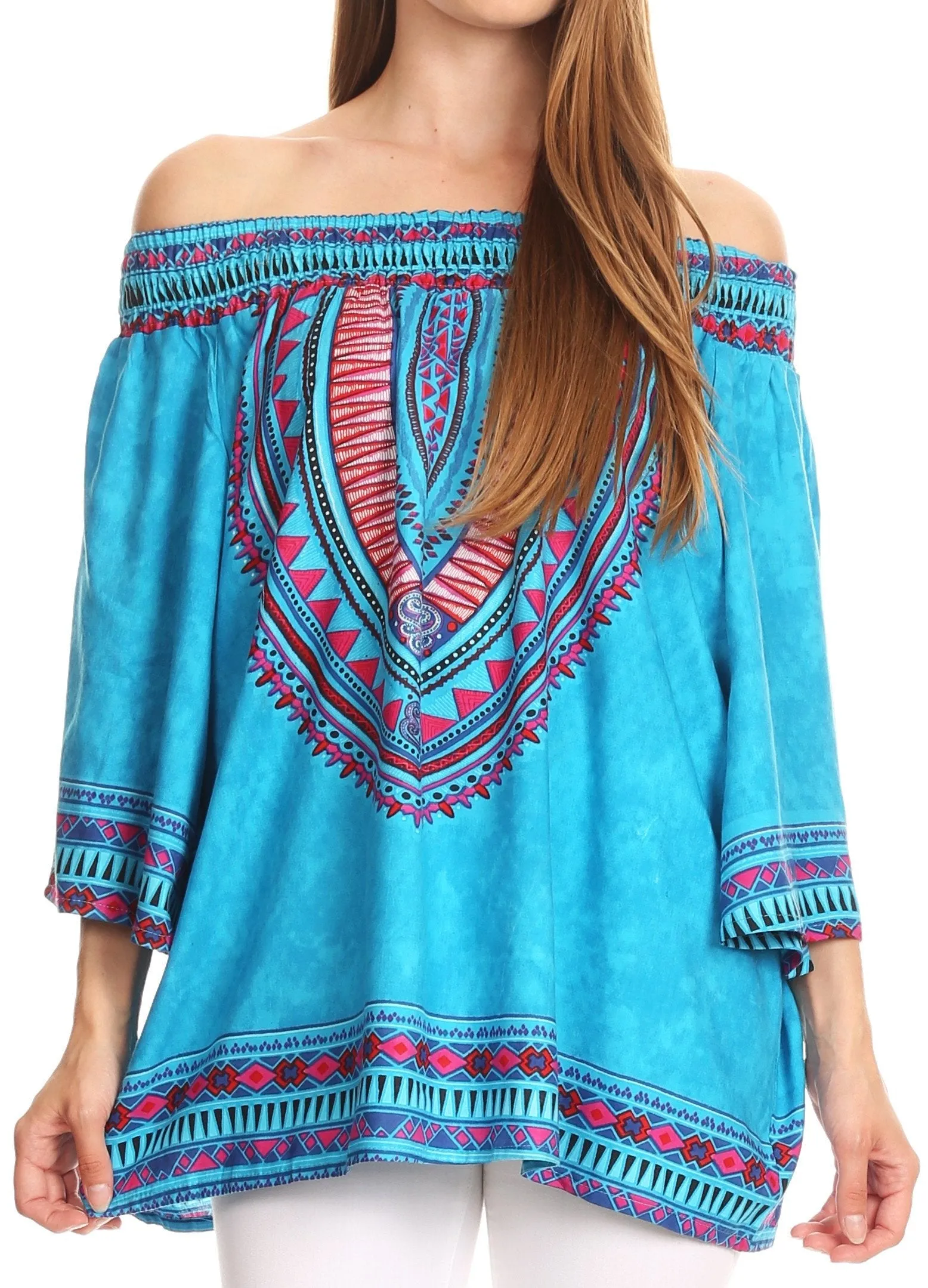 Sakkas Abelia Tribal Print Off-shoulder  3/4 Sleeve Top Blouse