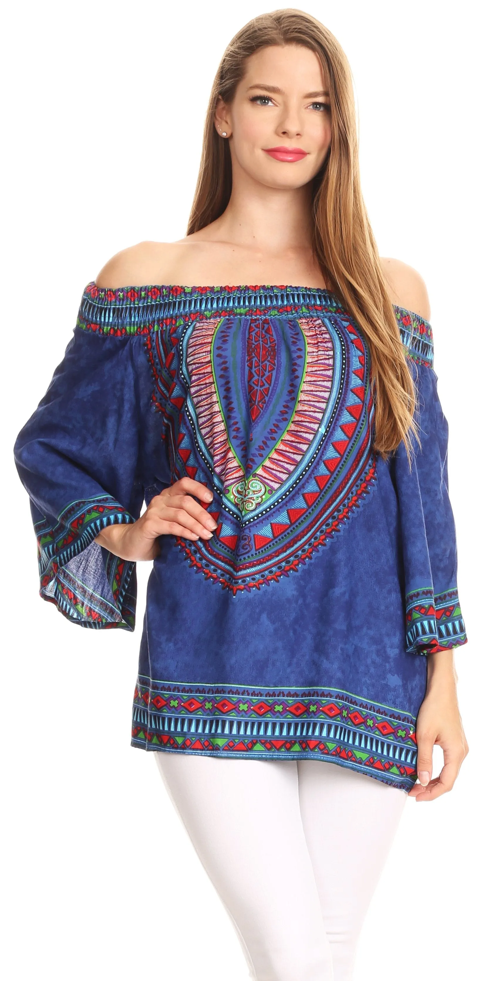 Sakkas Abelia Tribal Print Off-shoulder  3/4 Sleeve Top Blouse