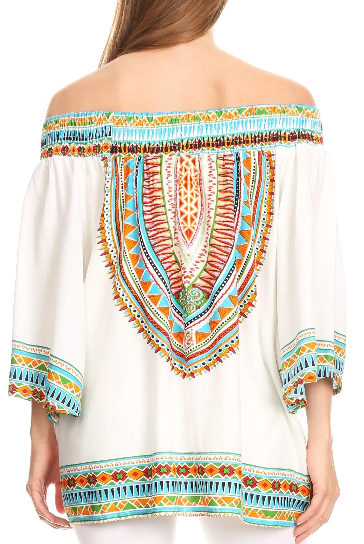 Sakkas Abelia Tribal Print Off-shoulder  3/4 Sleeve Top Blouse