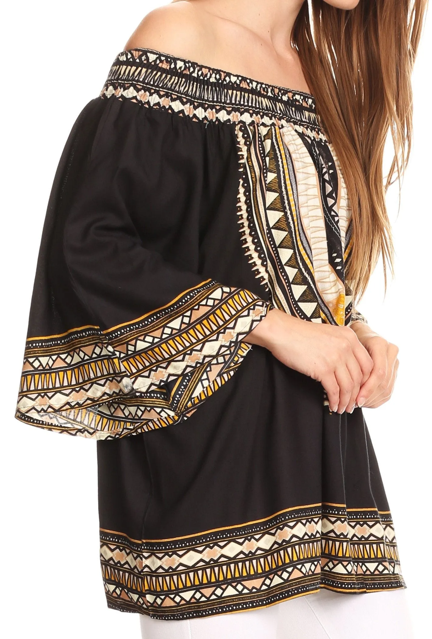 Sakkas Abelia Tribal Print Off-shoulder  3/4 Sleeve Top Blouse