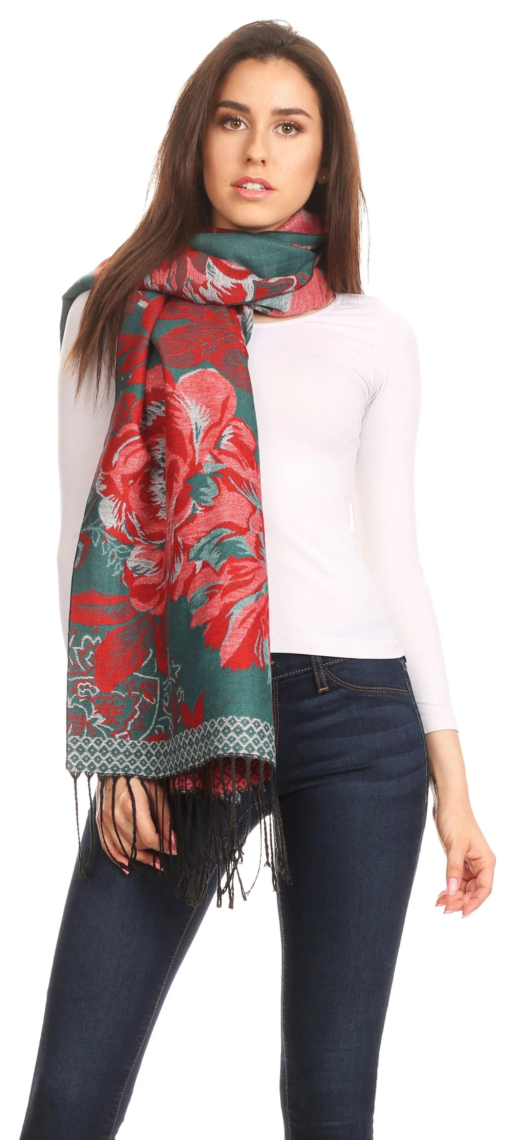 Sakkas Aurora Floral Rose Pashmina Scarf Shawl with Fringe Super Warm Soft Vegan